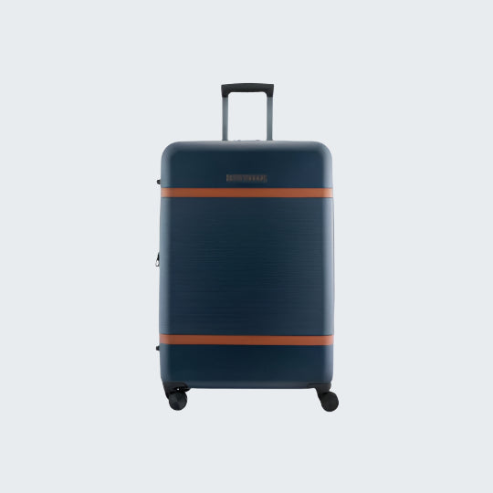 Blue suitcase with a brown stripe on a white background