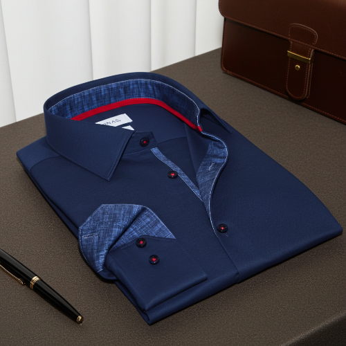 Folded blue dress shirt with red buttons on a brown surface, next to a pen and brown leather briefcase.