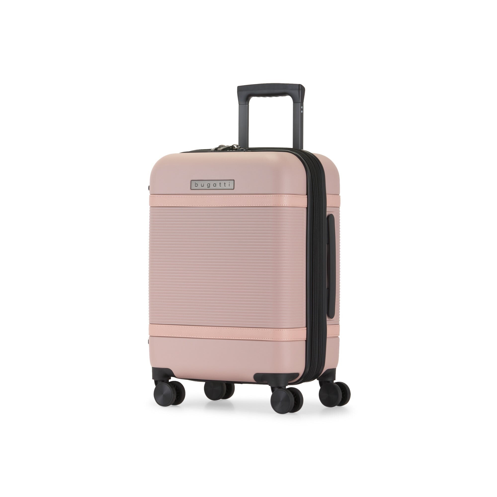 Pink suitcase with black wheels and handle on a white background