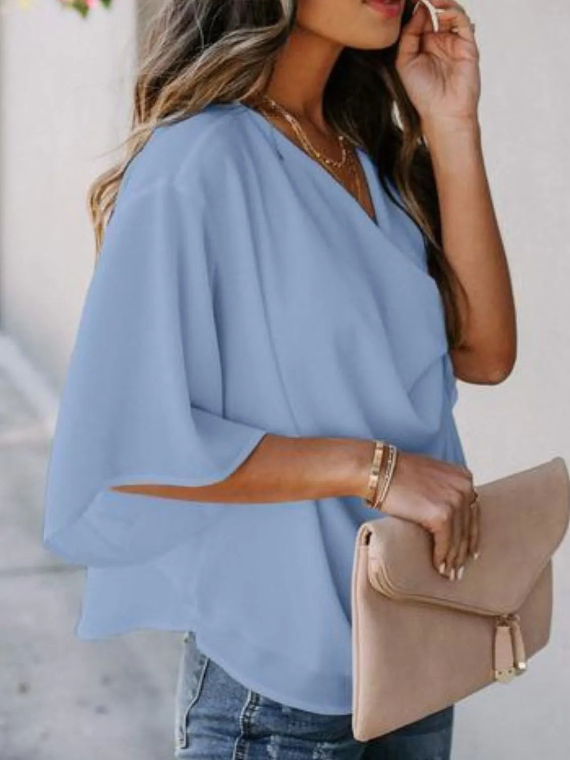 Full Size Ruched Three-Quarter Sleeve Blouse