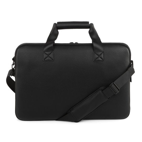 Black leather briefcase with shoulder strap on a white background