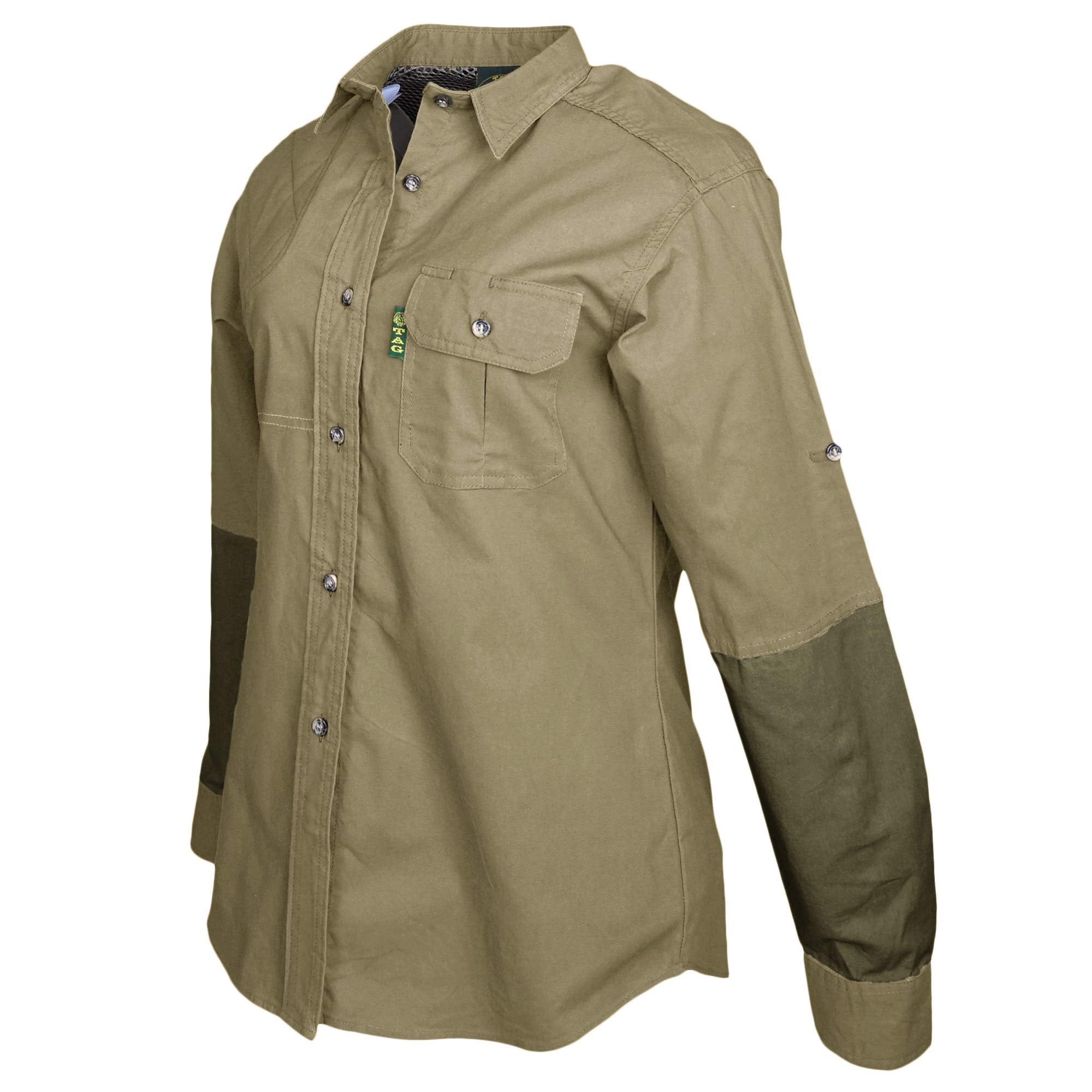 Khaki jacket with patchwork design on a white background
