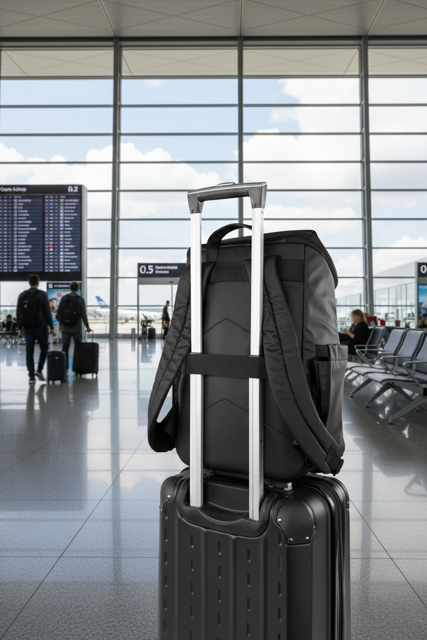 Black backpack on top of a black suitcase with a white background