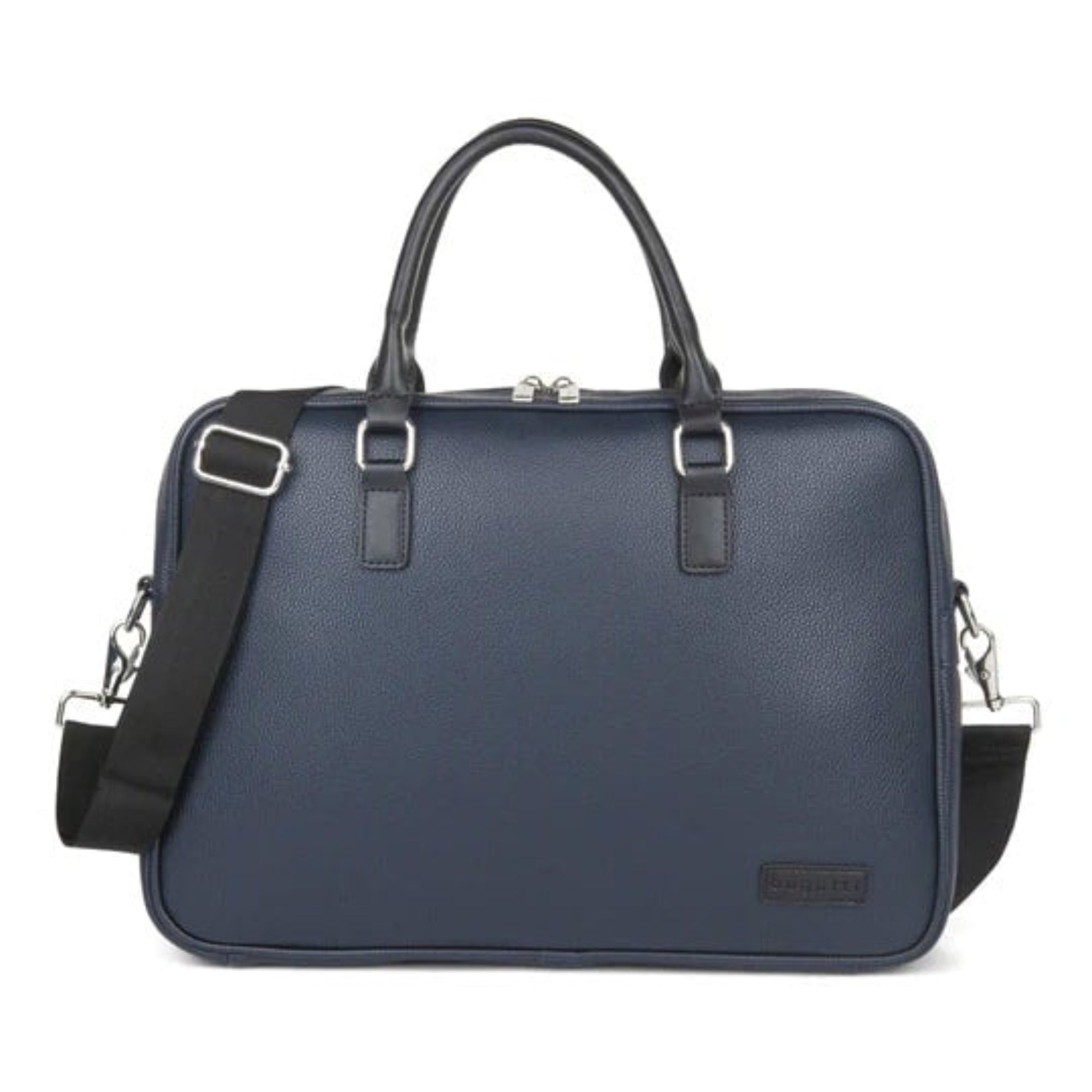 Blue leather briefcase with shoulder strap on a white background