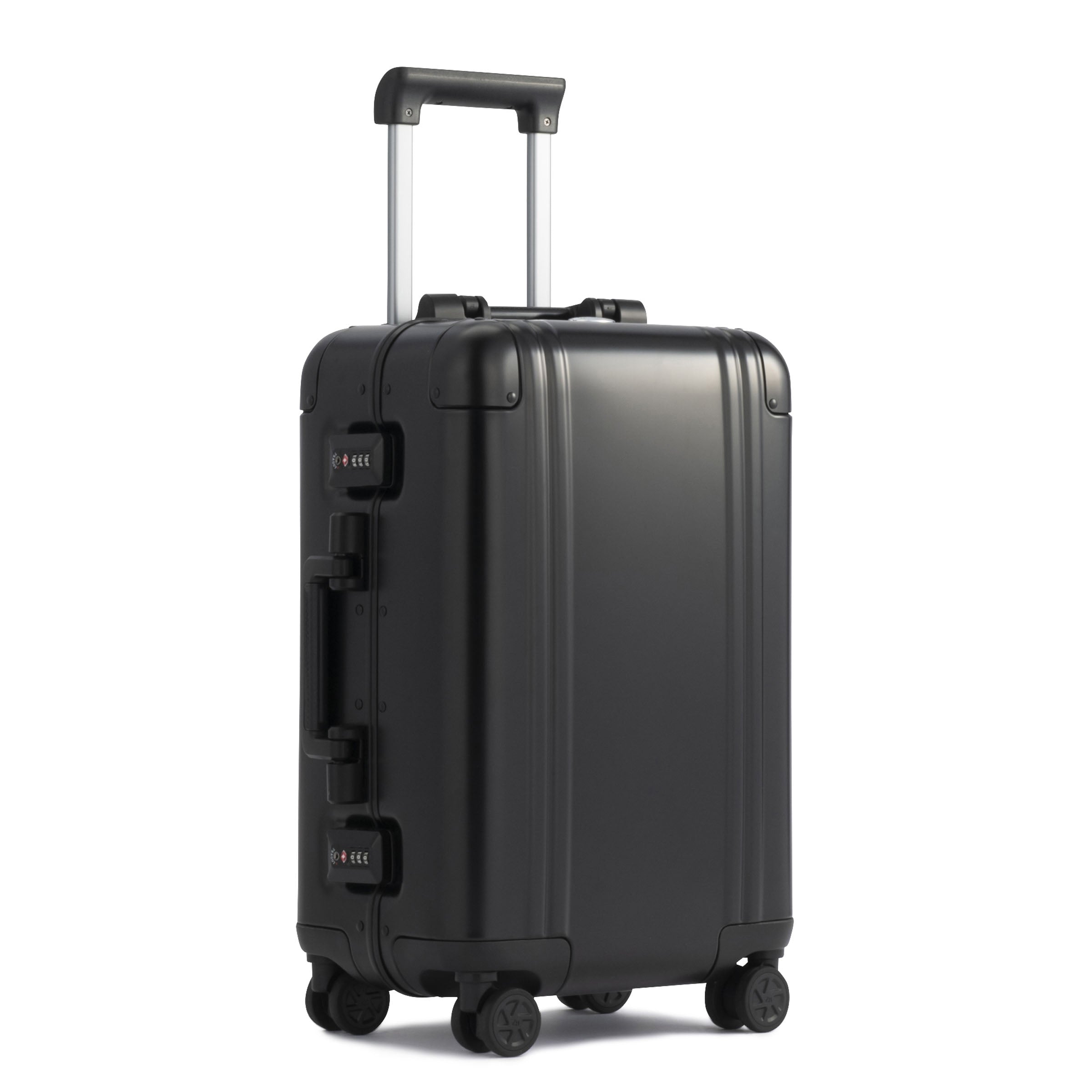 Black suitcase with wheels and handle on a white background