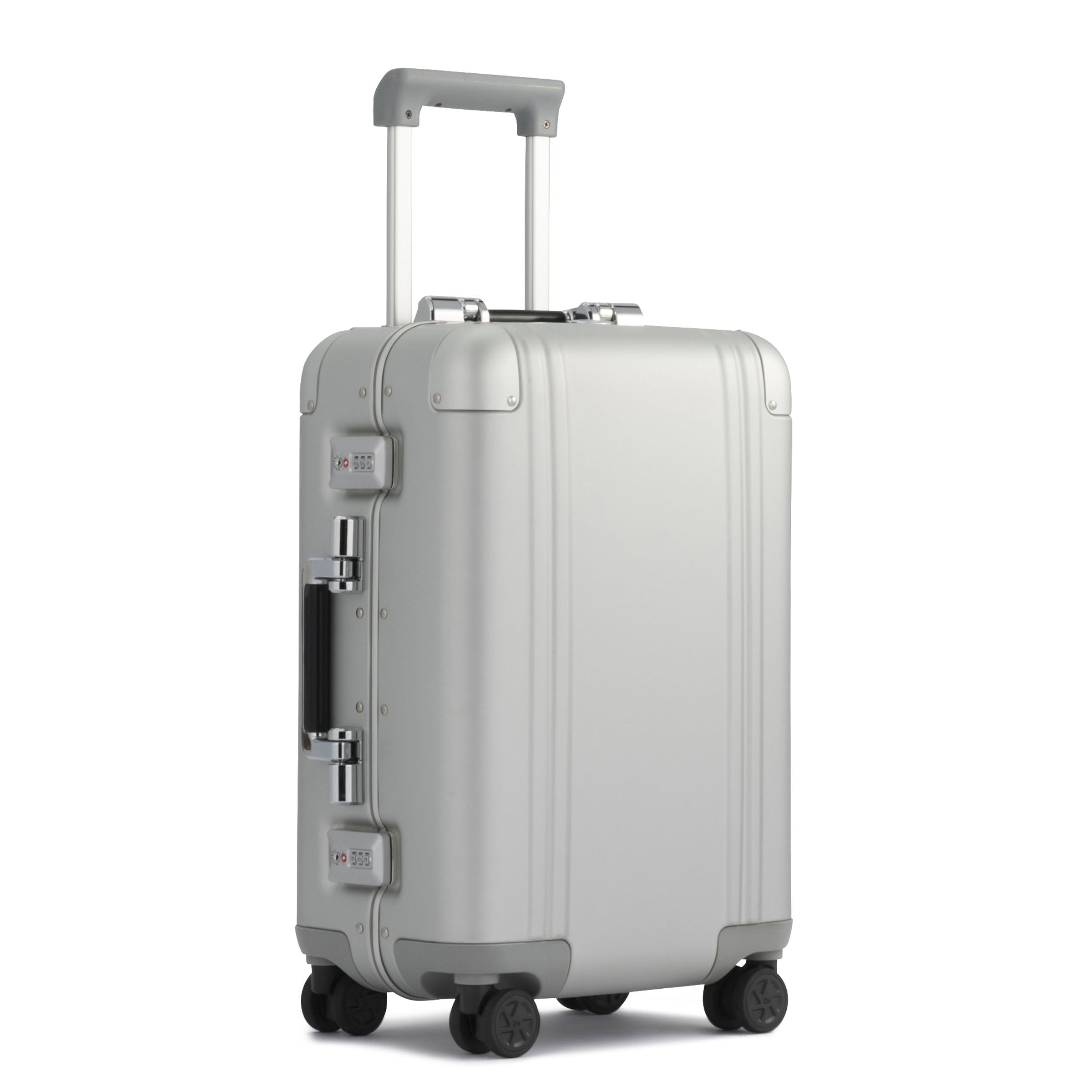 Silver suitcase with wheels and handle on a white background