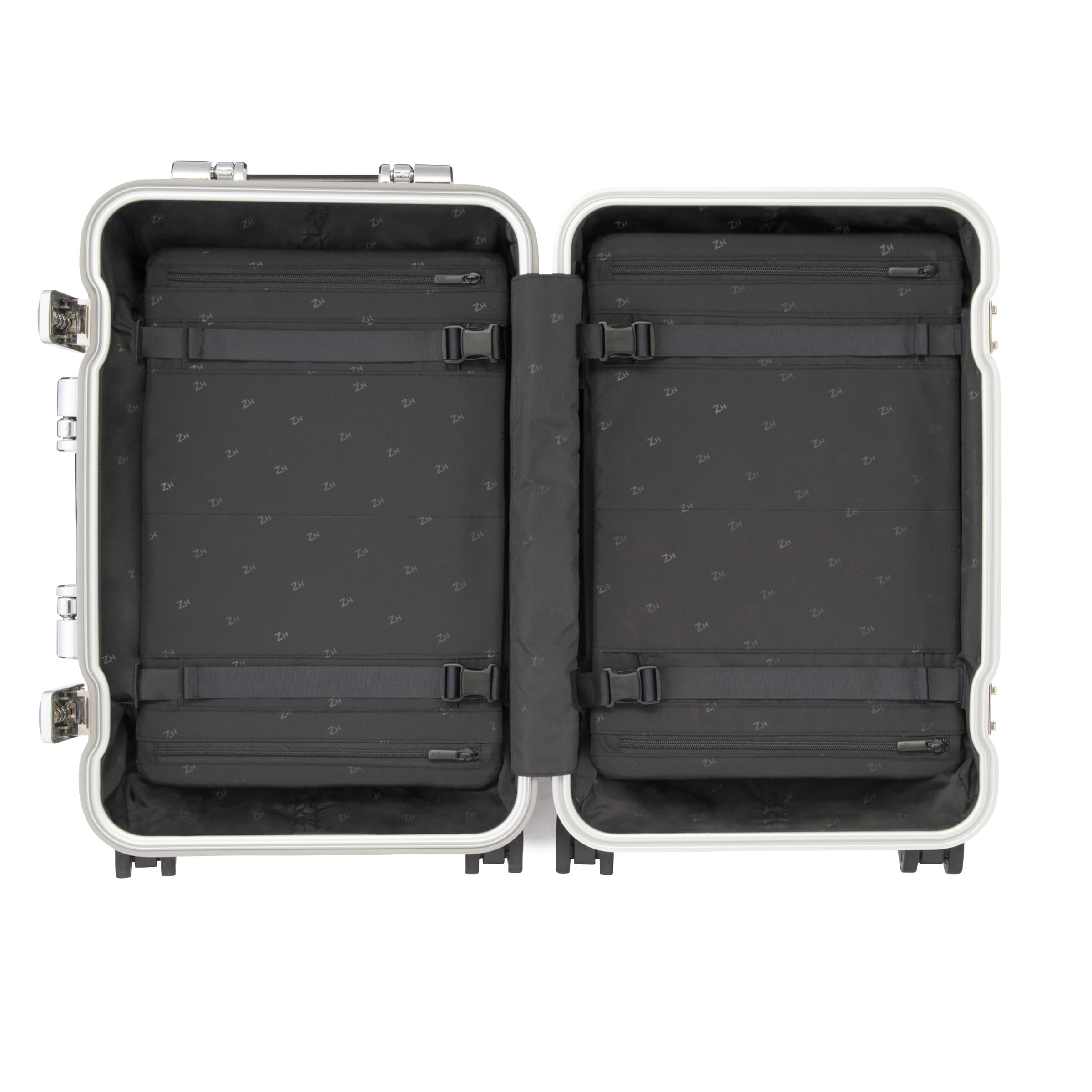 Open black suitcase with interior details on a white background