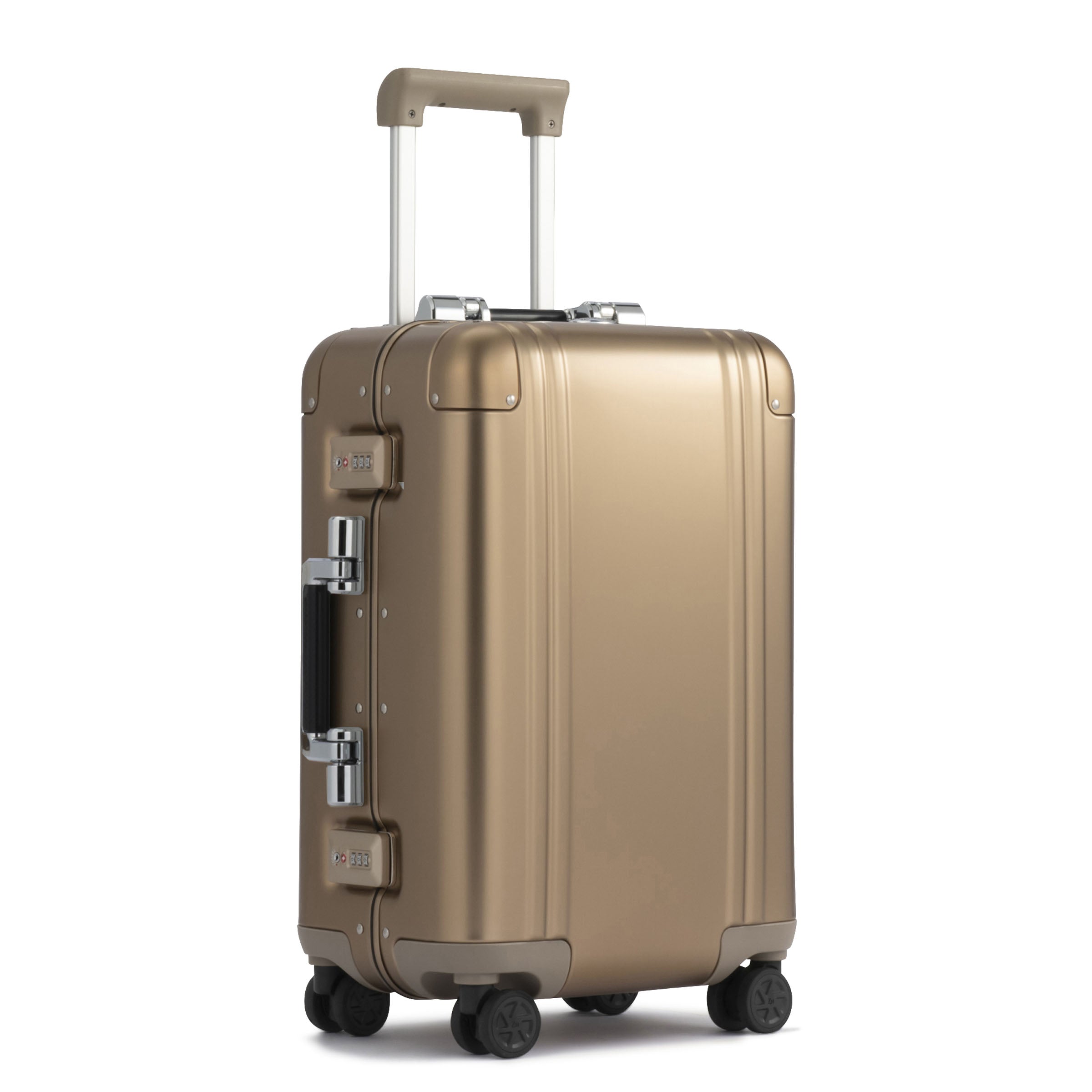 Gold suitcase with wheels and handle on a white background