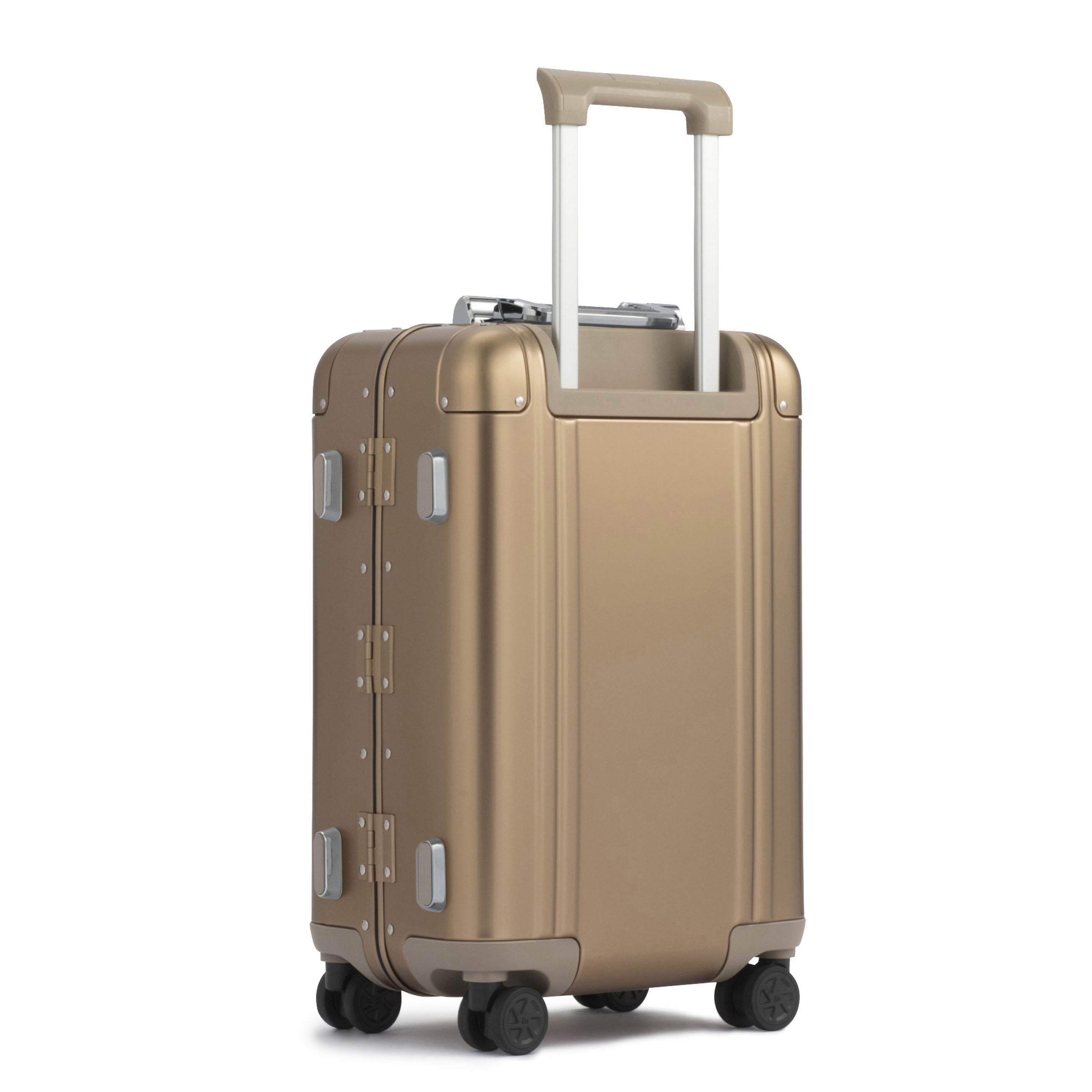 Gold suitcase with wheels and handle on a white background