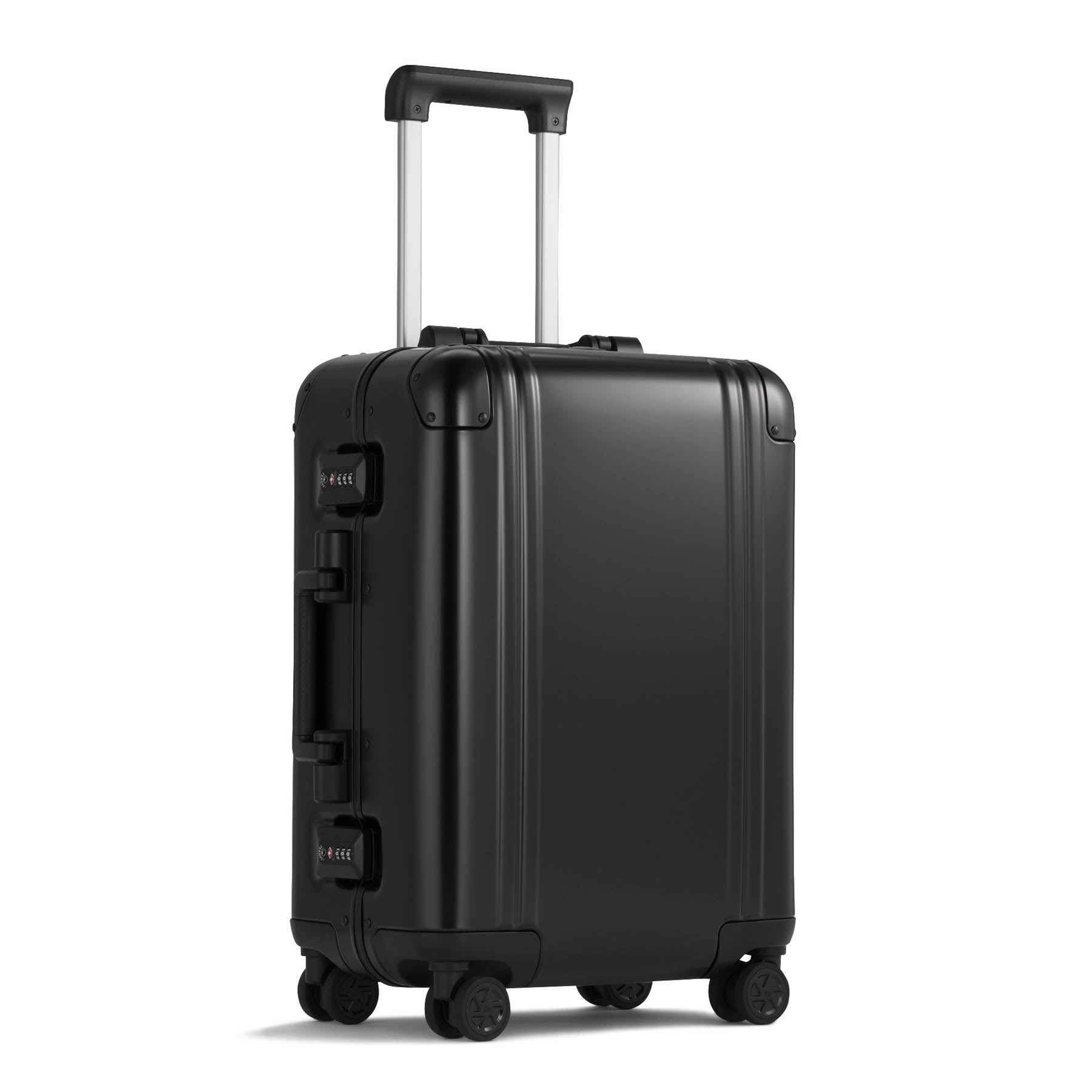 Black suitcase with wheels and handle on a white background
