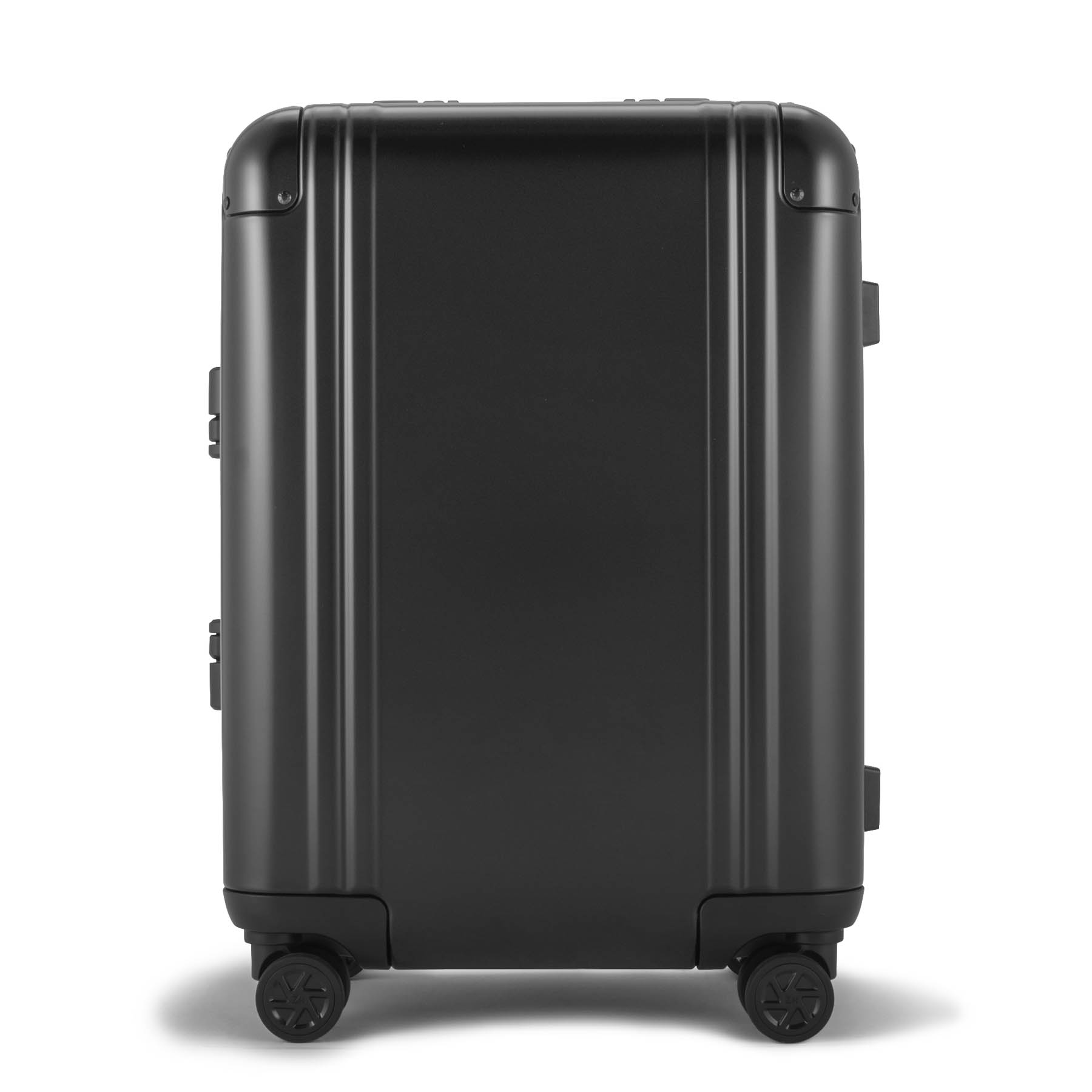 Black suitcase with wheels on a white background
