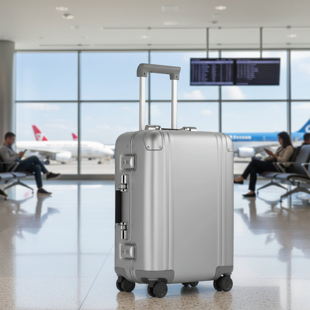 Silver suitcase with wheels and handle on a white background