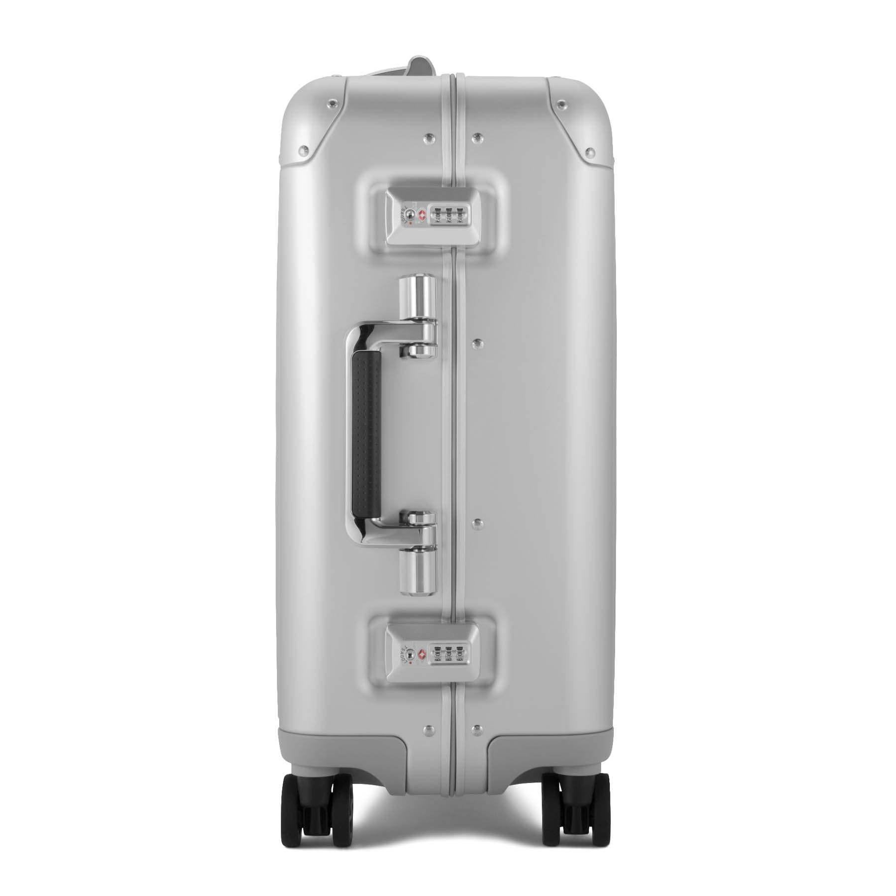 Silver suitcase with a clear cover on a white background