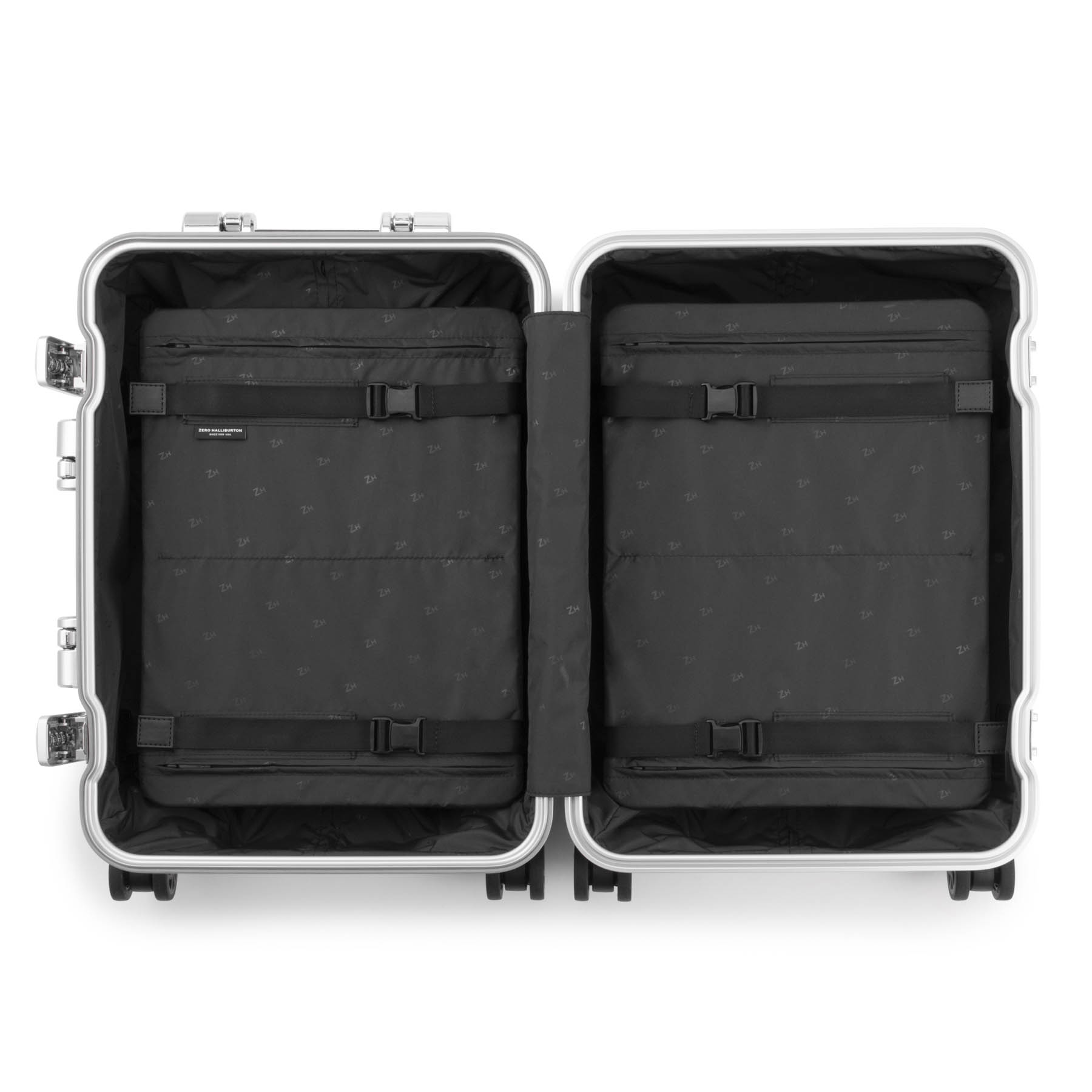 Open black suitcase with silver frame on a white background