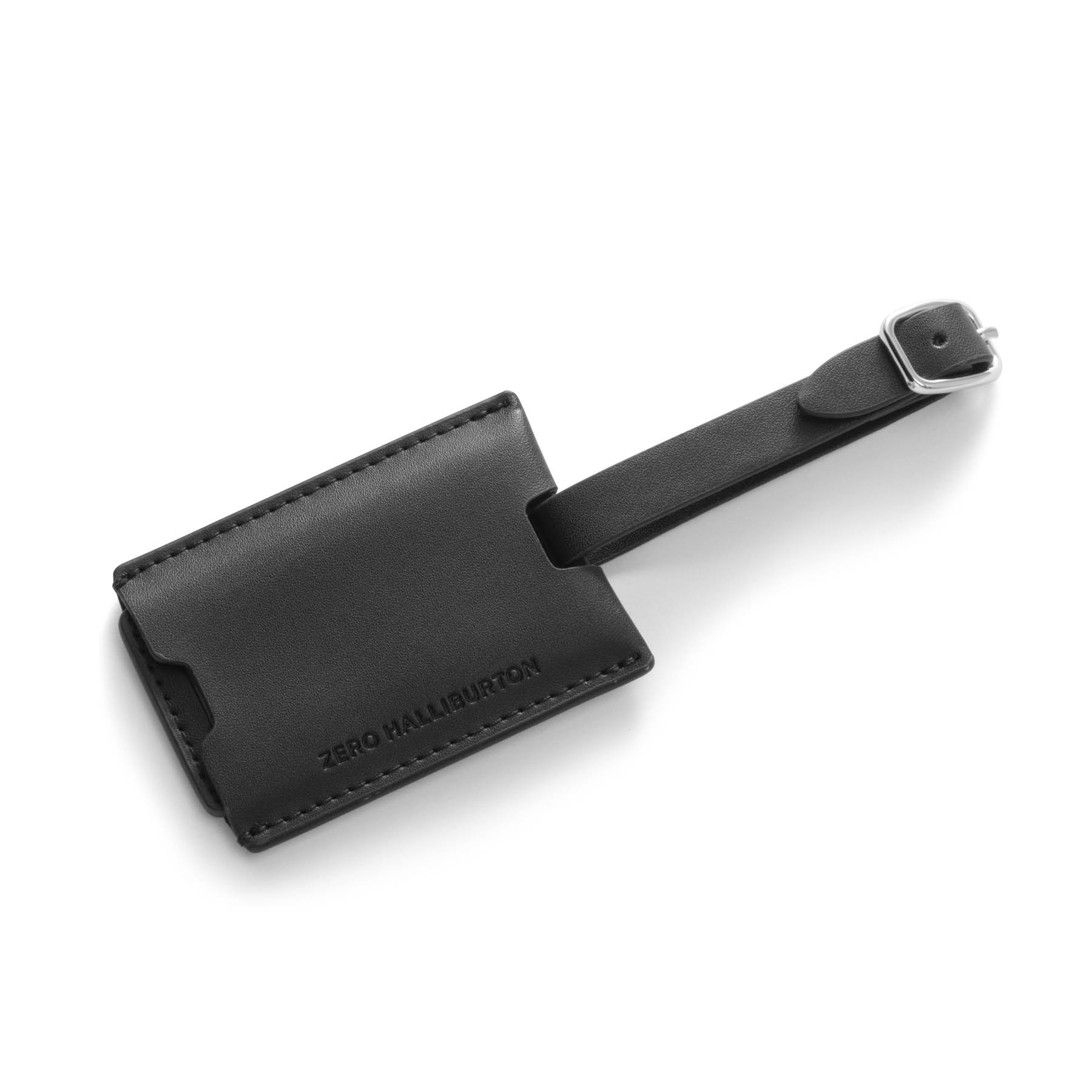 Black leather luggage tag with a strap on a white background