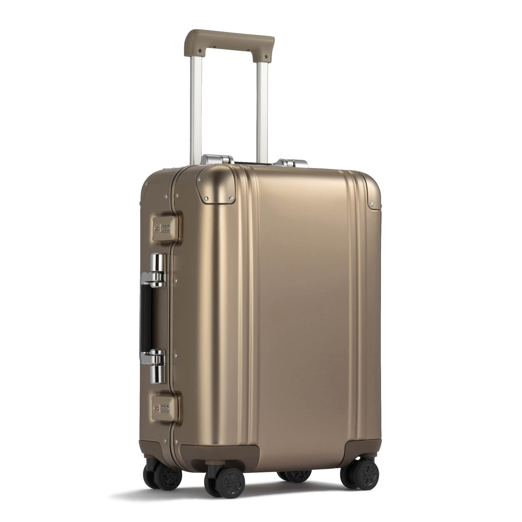 Gold suitcase with wheels and handle on a white background