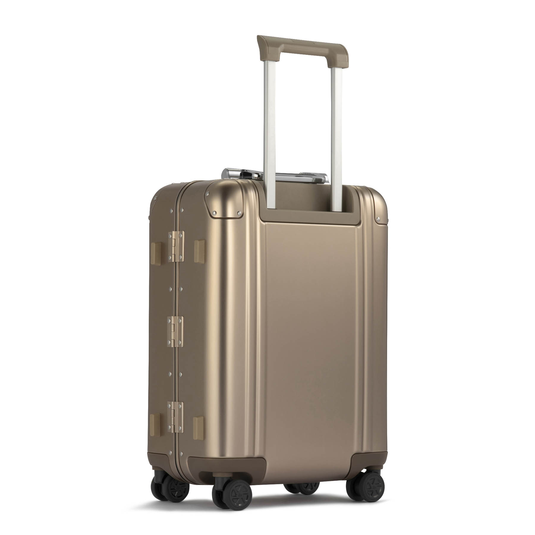 Gold suitcase with wheels and handle on a white background
