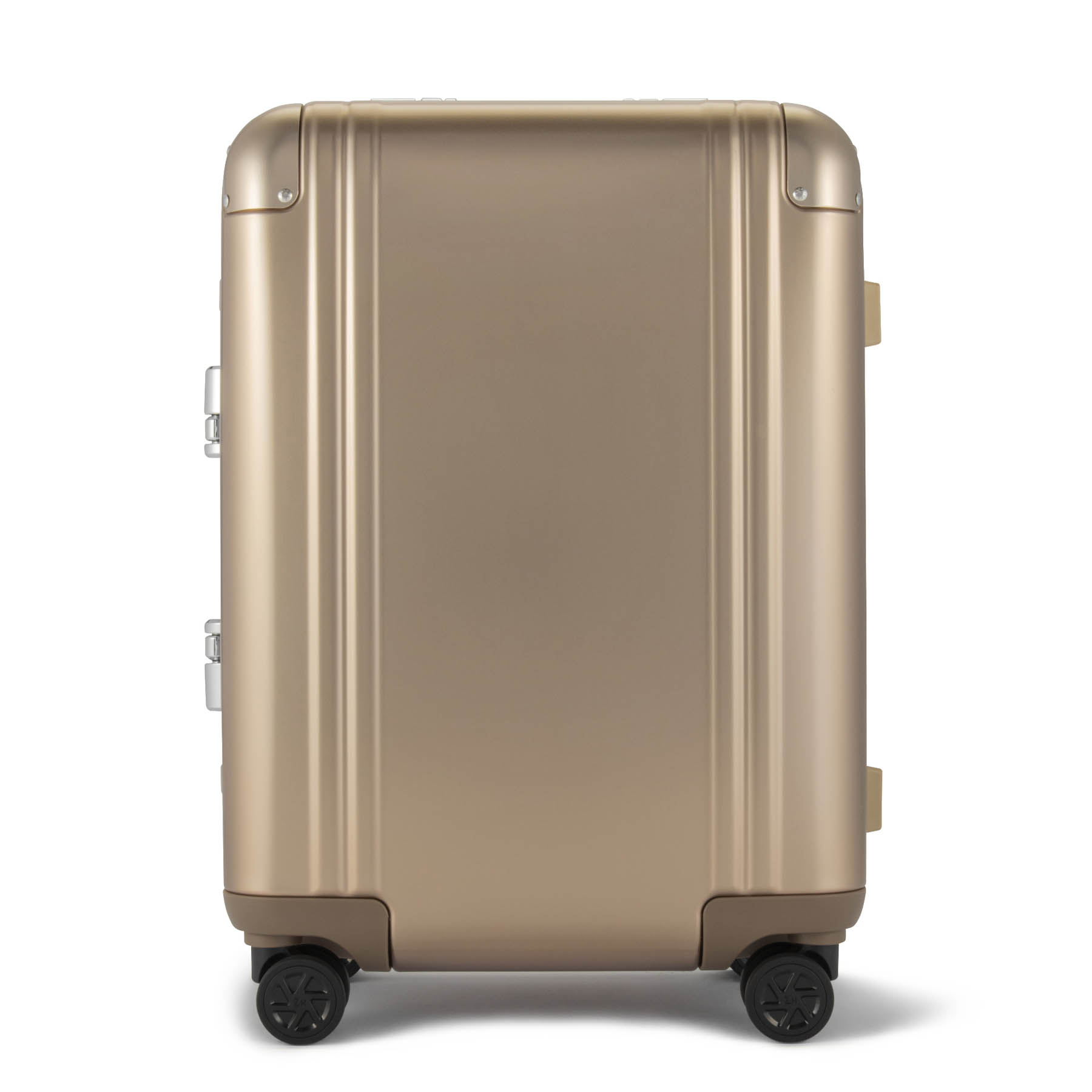 Gold suitcase with wheels on a white background
