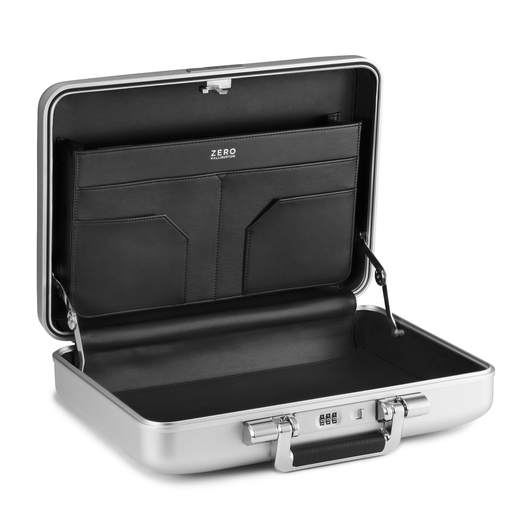 Black briefcase with open lid on a white background