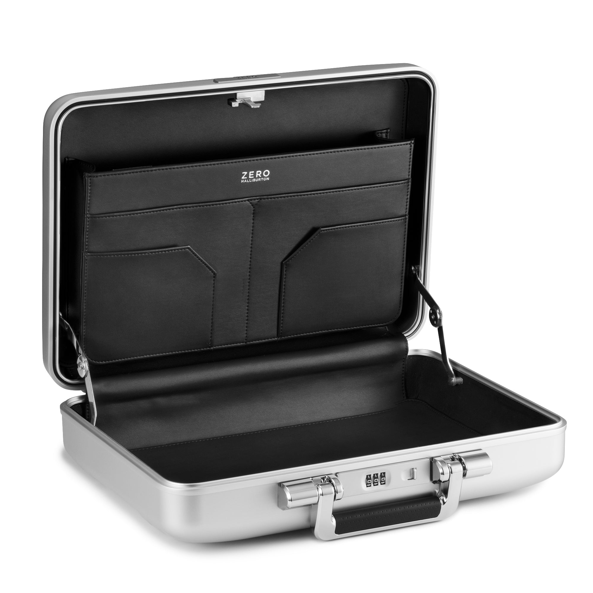 Black briefcase with silver trim on a white background