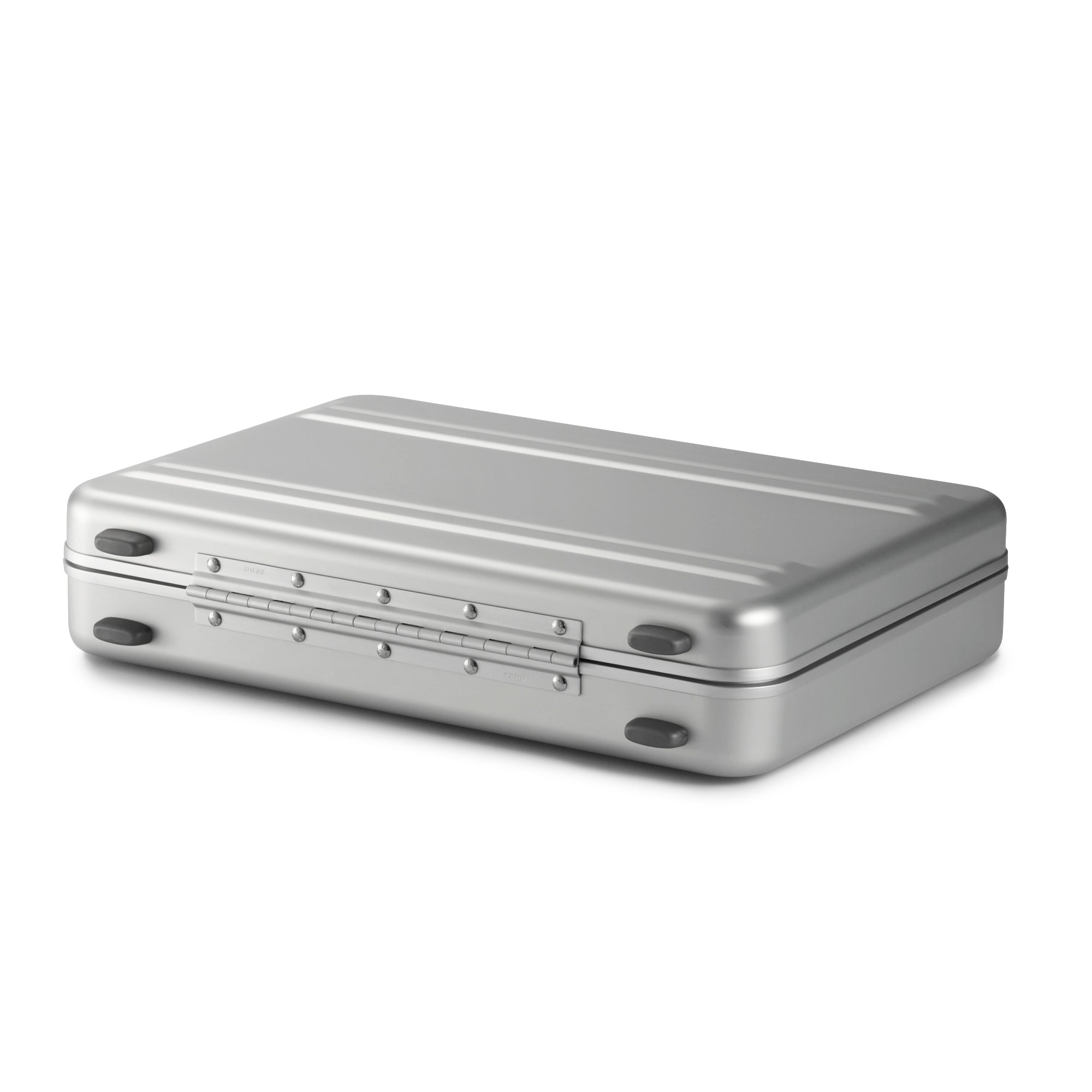 Silver rectangular metal case on a white background