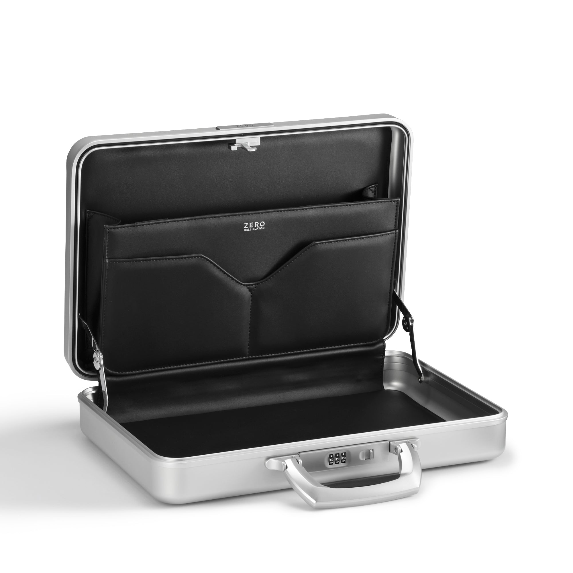 Black briefcase with a silver frame on a white background