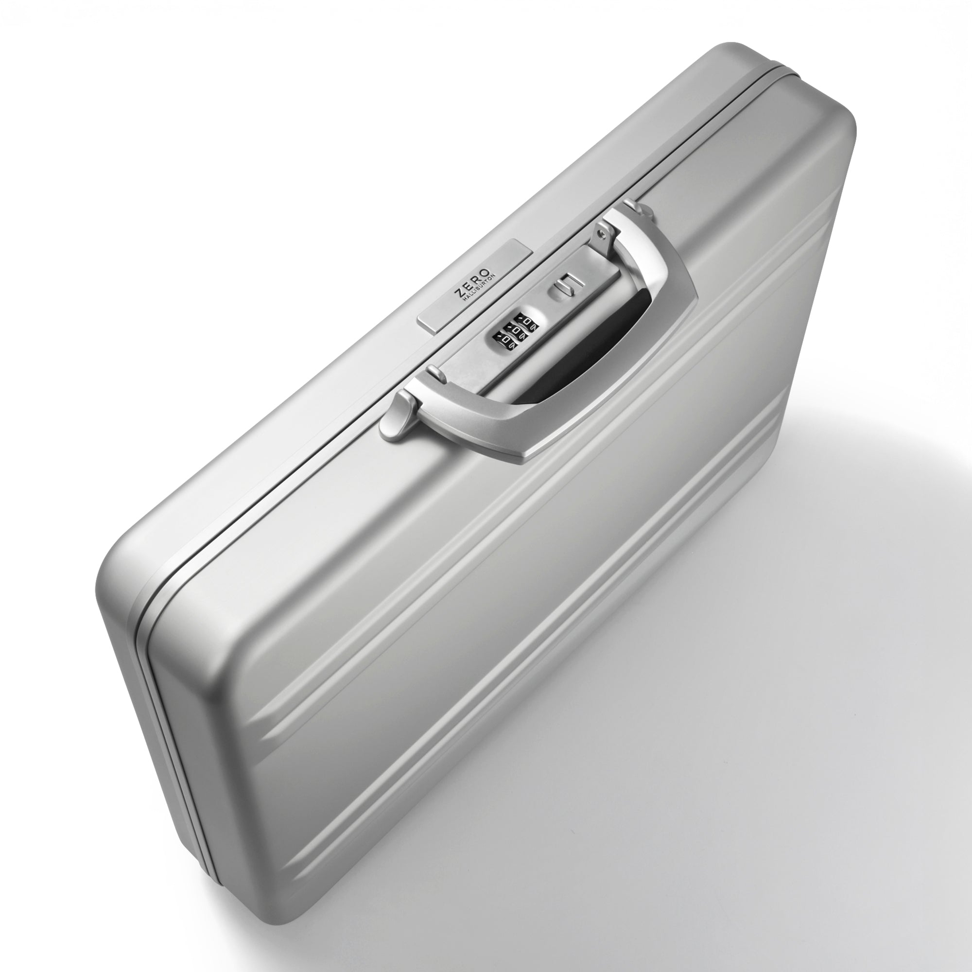 Silver briefcase with a handle on a white background