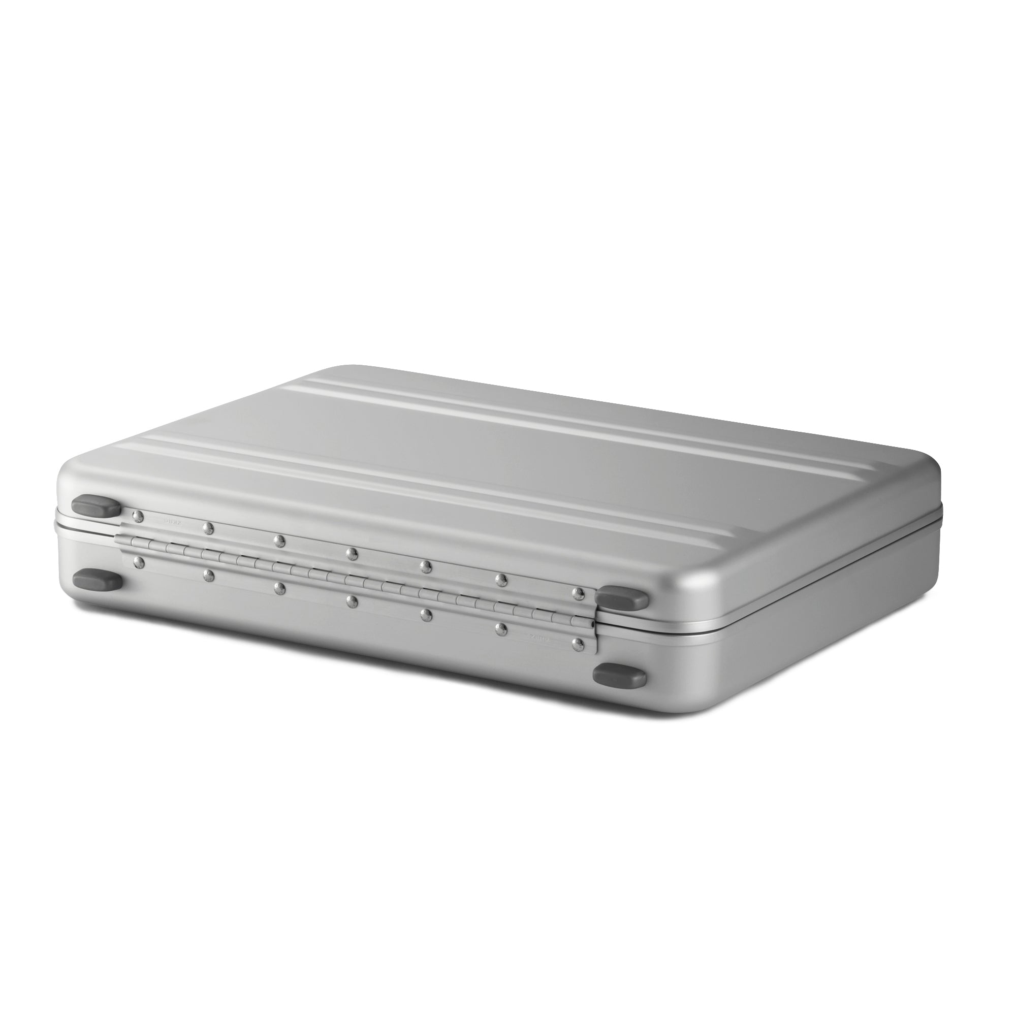 Silver metallic rectangular object on a white background