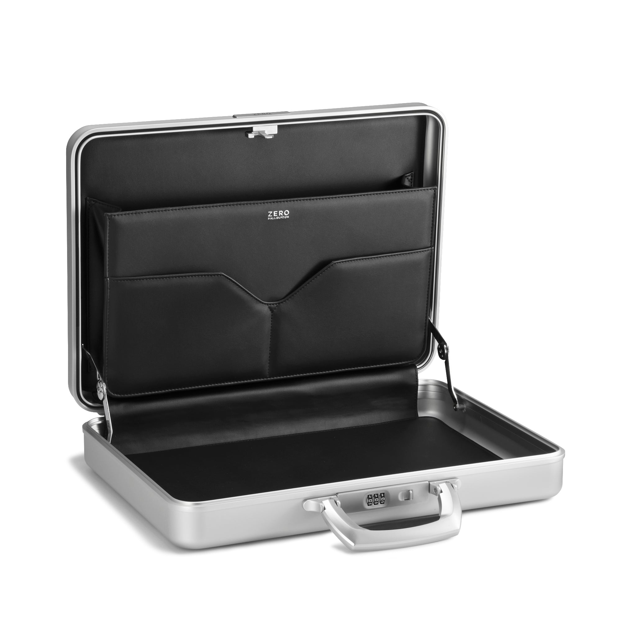 Black briefcase with silver trim on a white background