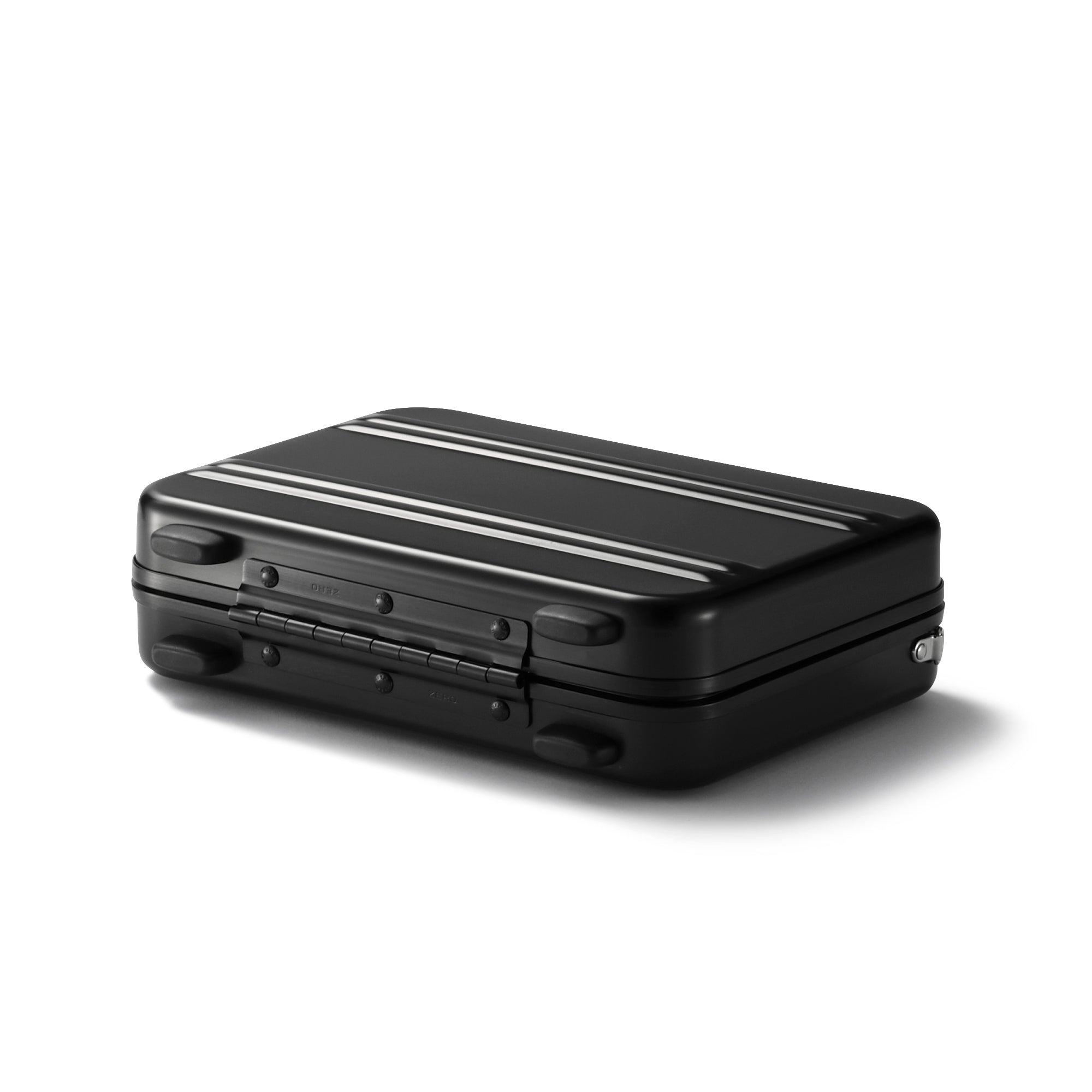 Black suitcase with silver stripes on a white background