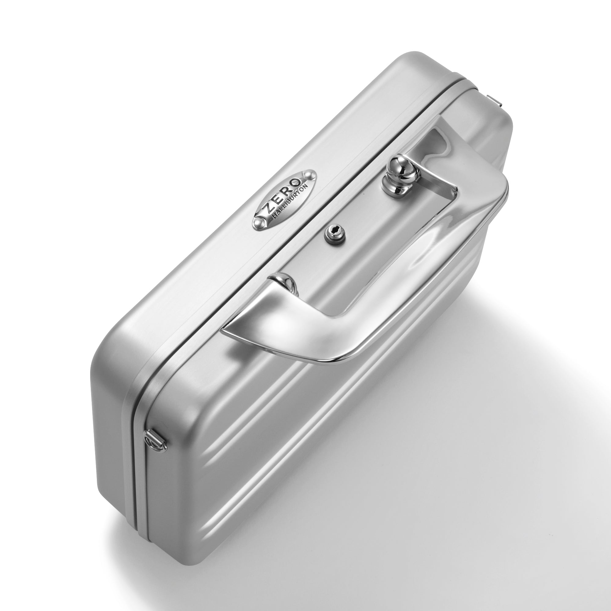 Silver briefcase with a brand logo on a white background