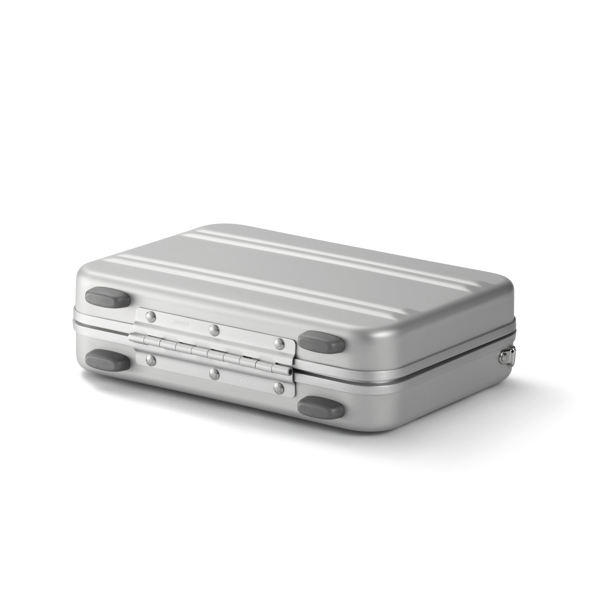 Silver rectangular compact case on a white background