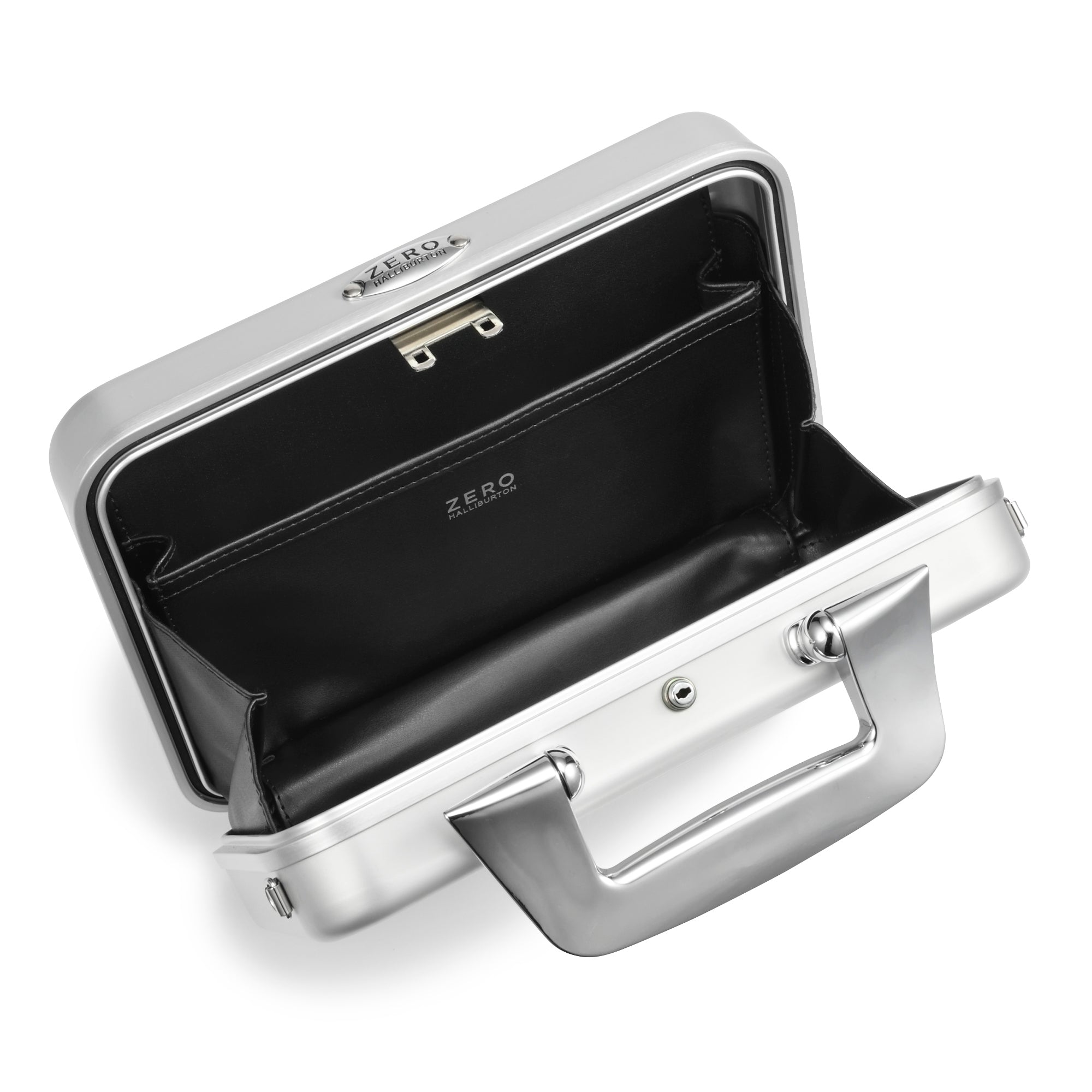Silver briefcase with black interior on a white background