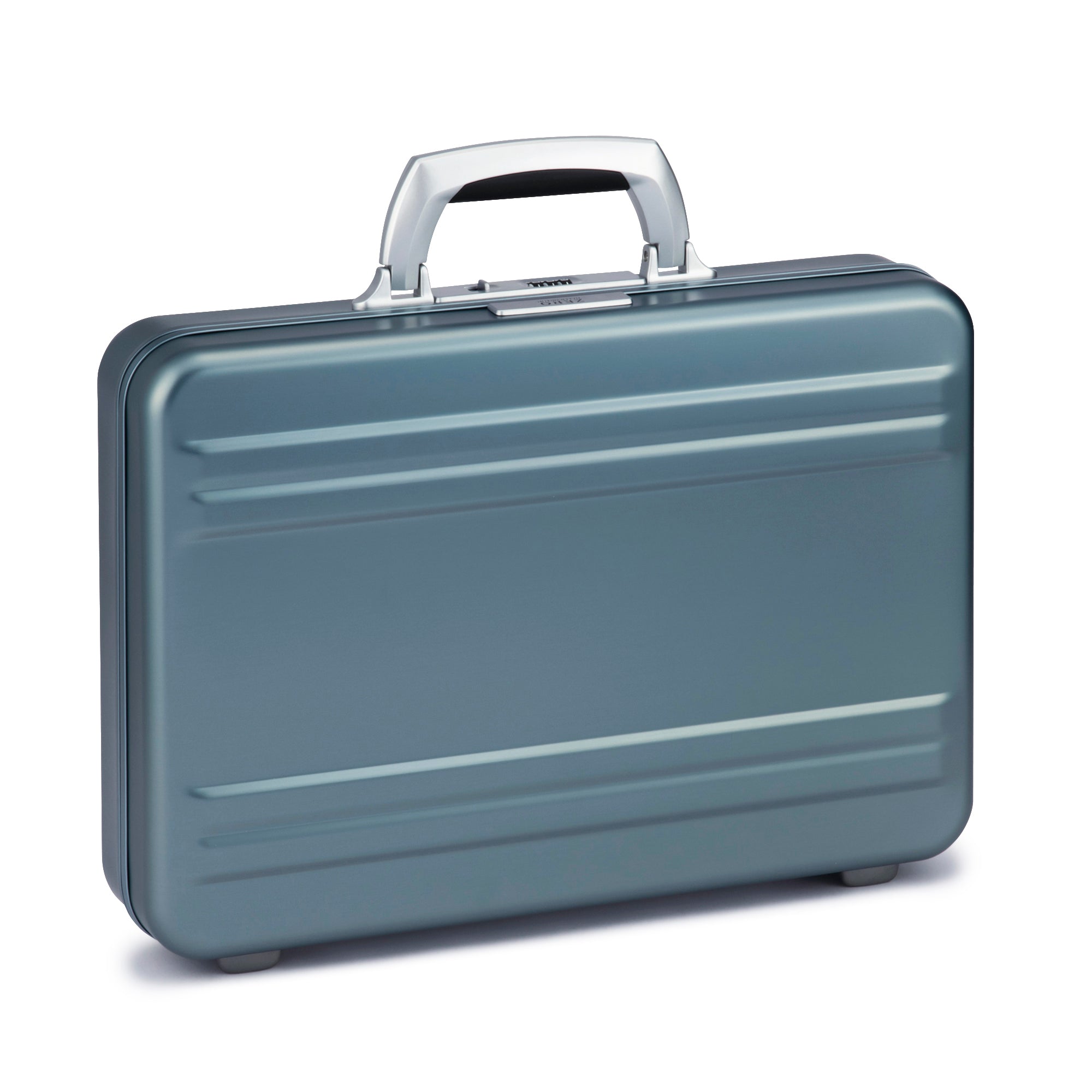 Blue briefcase with a silver handle on a white background