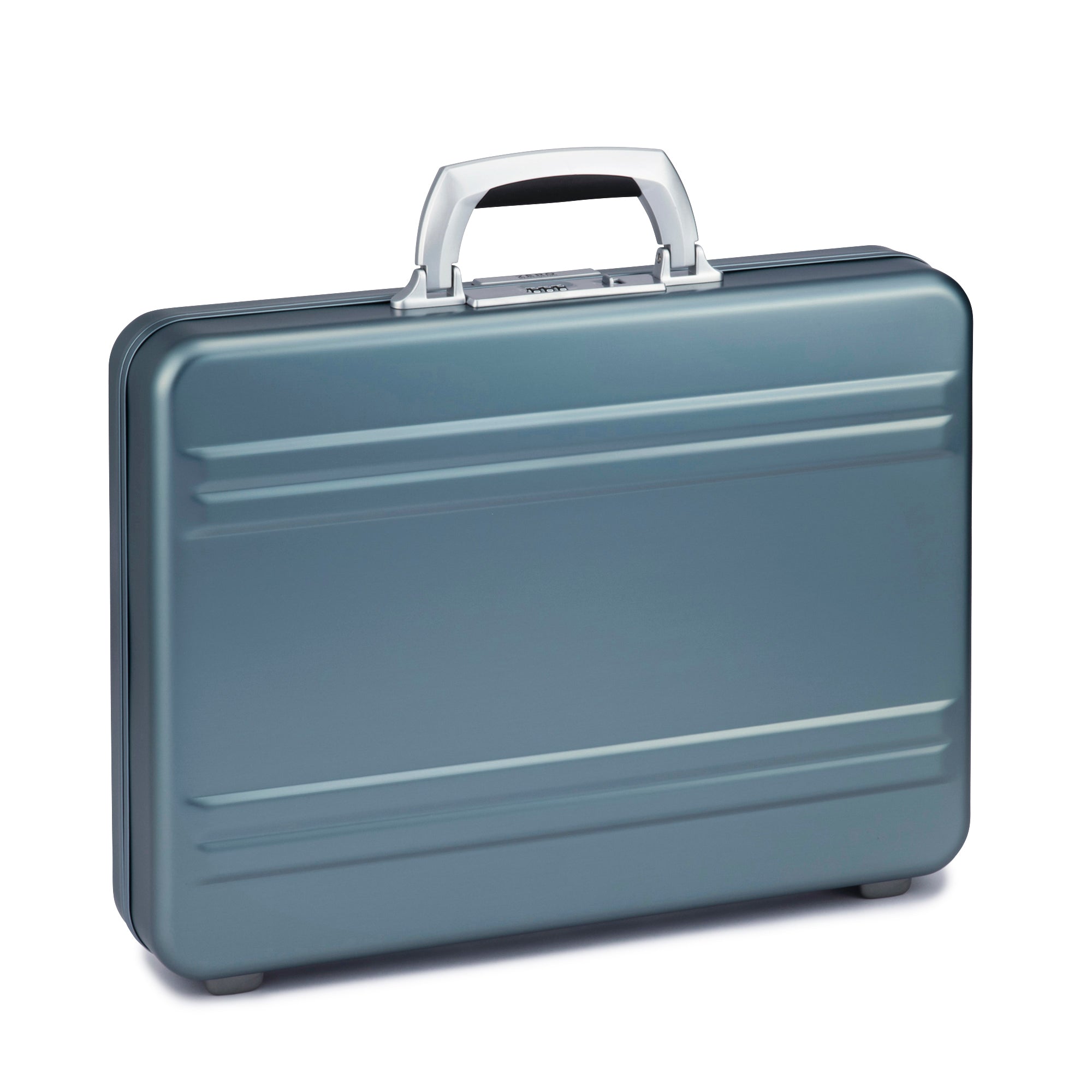 Blue briefcase with a silver handle on a white background