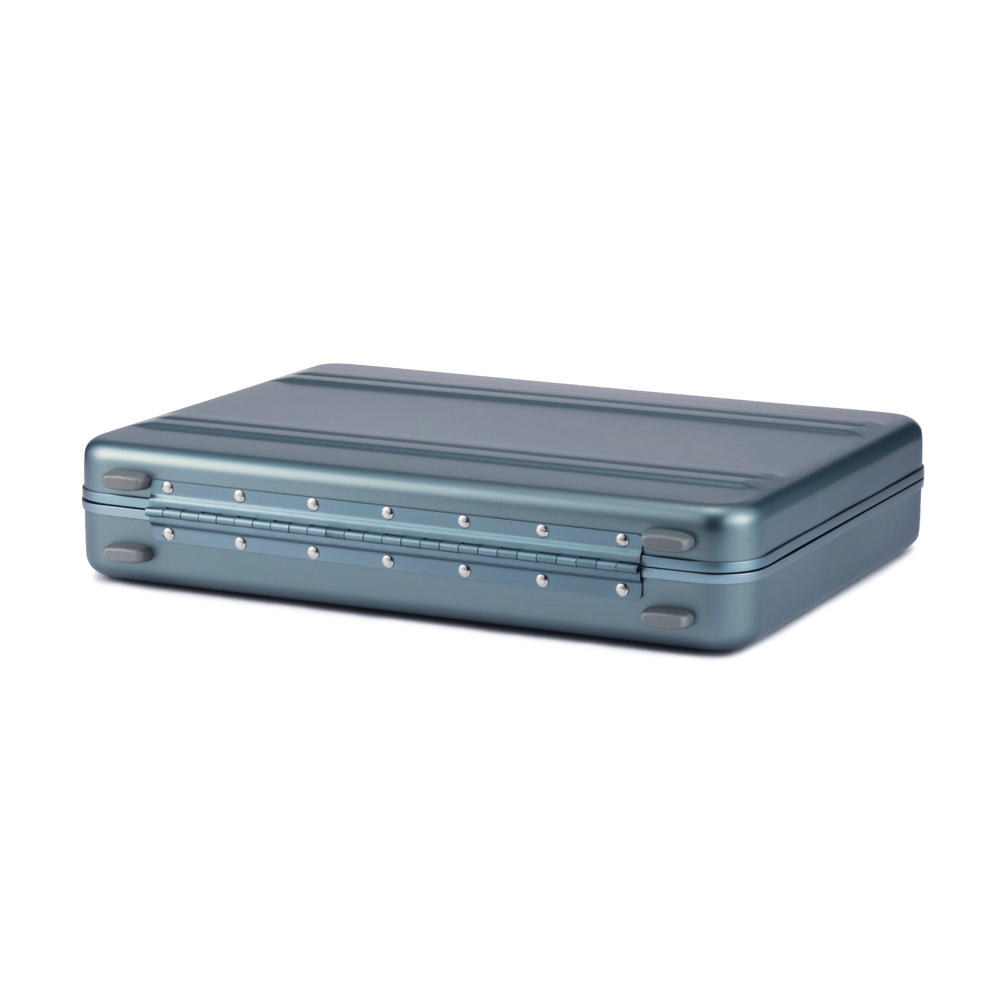 Blue metallic rectangular case with rivets on a white background