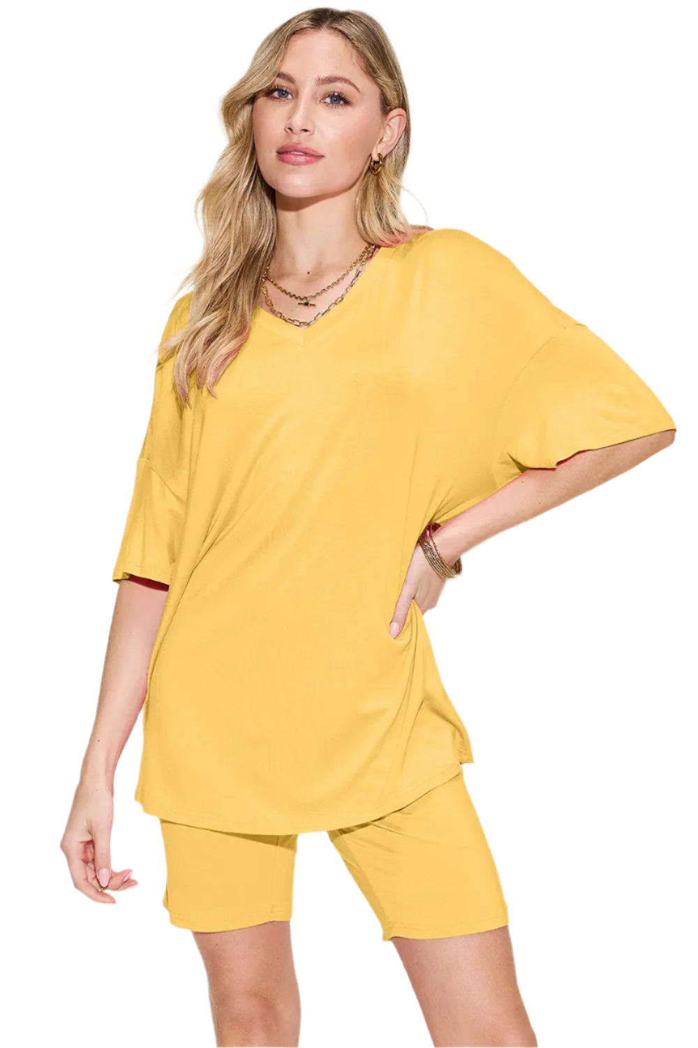 Basic Bae Bamboo Full Size V-Neck Drop Shoulder T-Shirt and Shorts Set