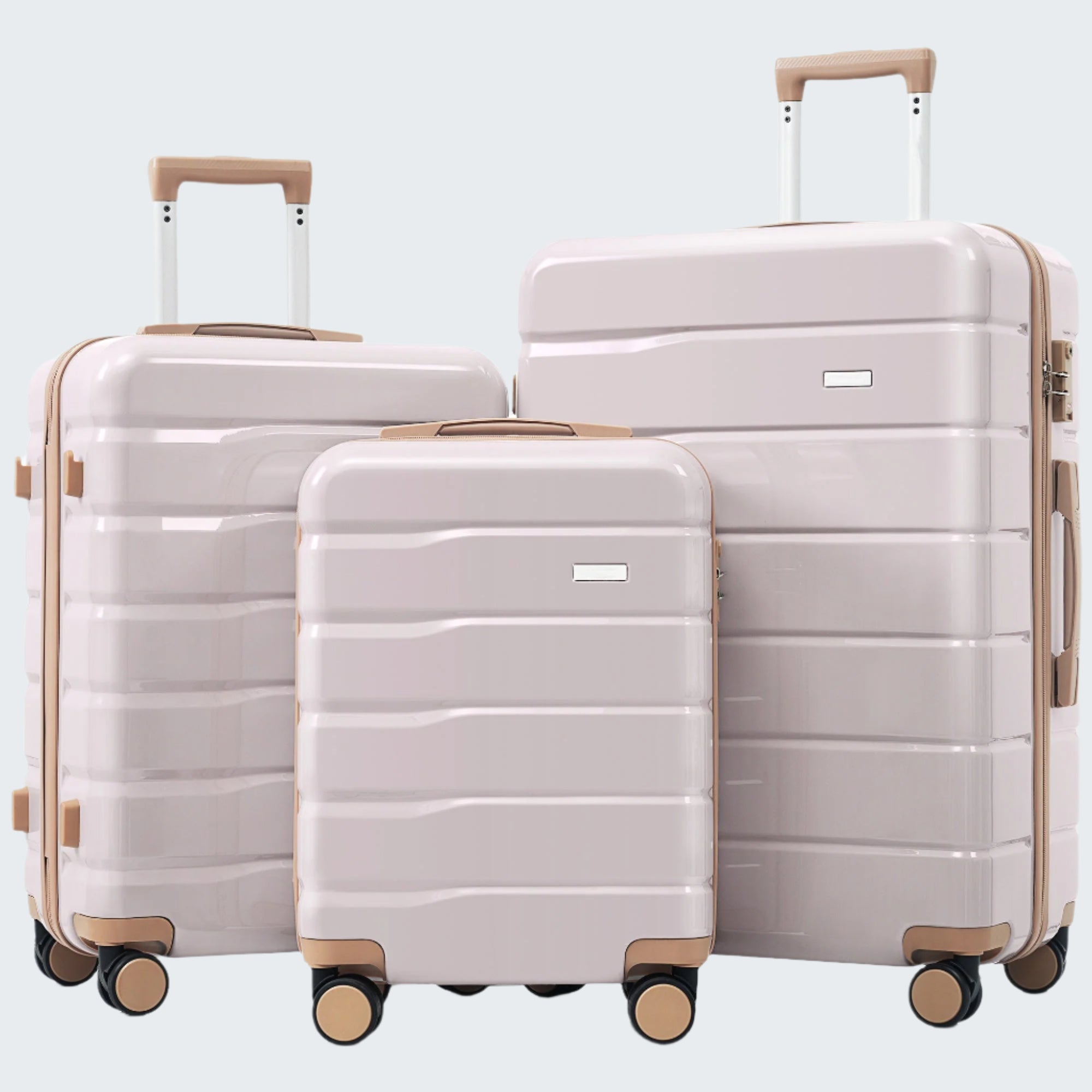 A set of three ABS travel suitcases in light grey with golden accents, including a 20-inch, 24-inch, and 28-inch size. Each suitcase has a telescopic handle, spinner wheels, and a built-in TSA lock.