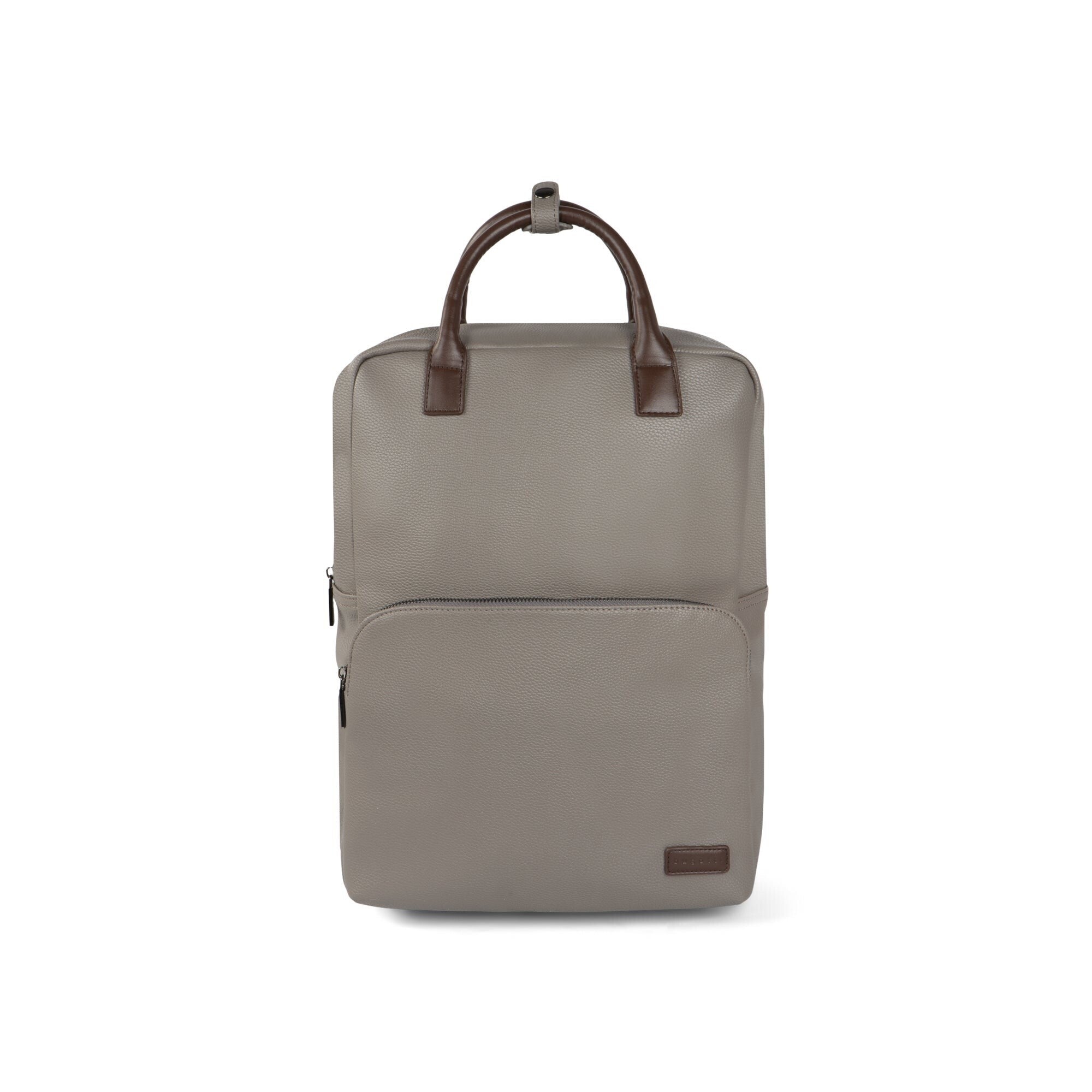 Gray backpack with brown leather straps on a white background