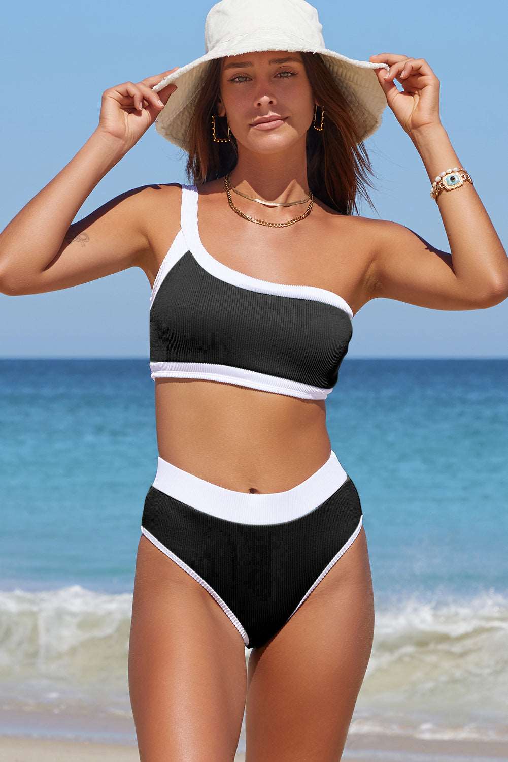 Contrast Trim Ribbed One-Shoulder Bikini Set - Sun of the Beach Boutique