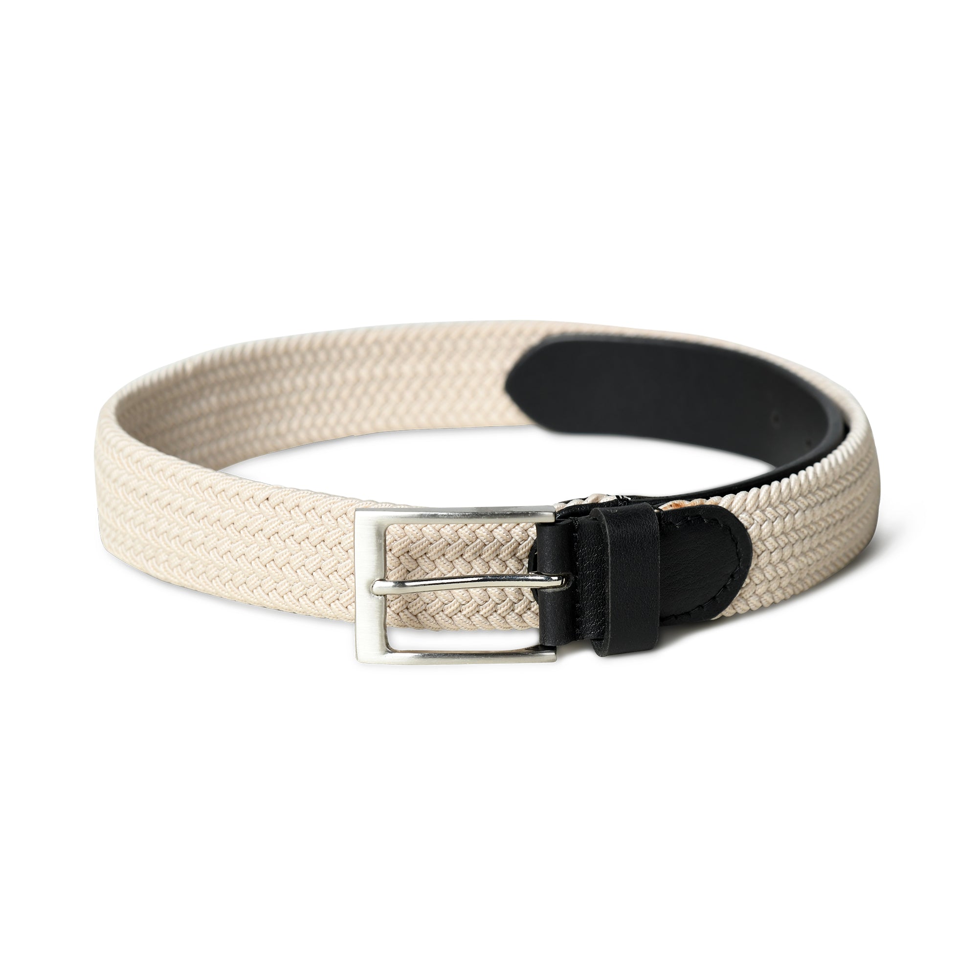 Beige woven belt with black leather tab and silver buckle on a white background