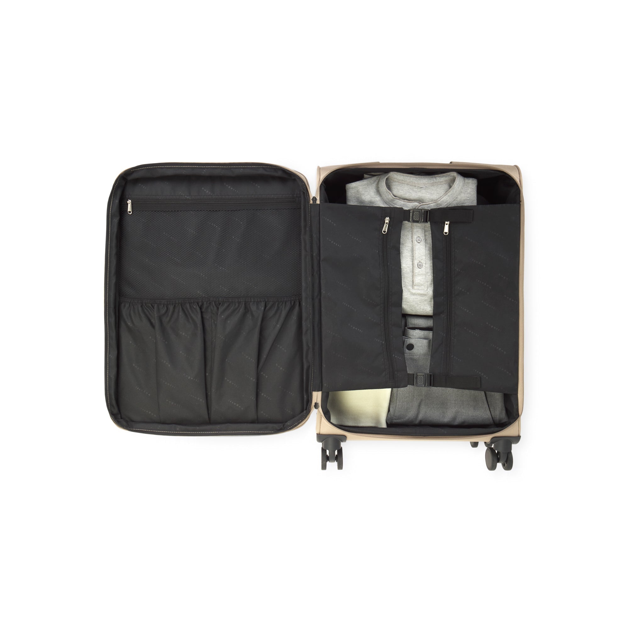 Open suitcase with clothes inside on a white background