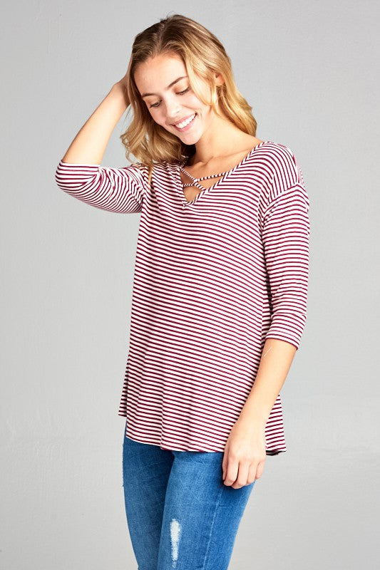 Stripe Jersey Lace Up Neck Top