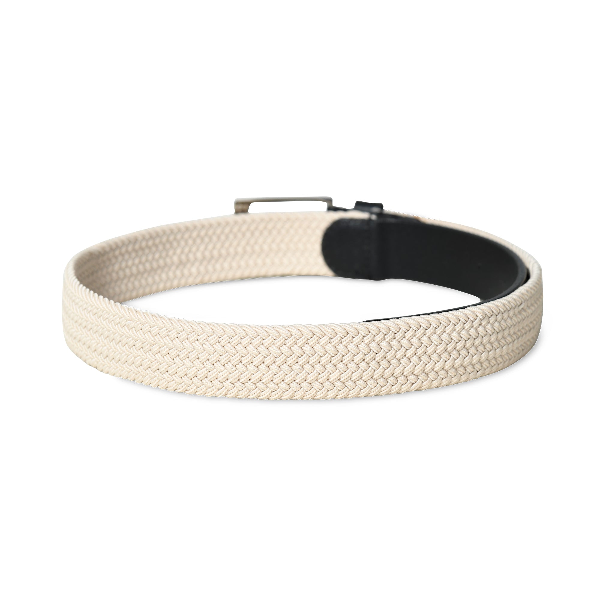 Beige woven belt with a black buckle on a white background