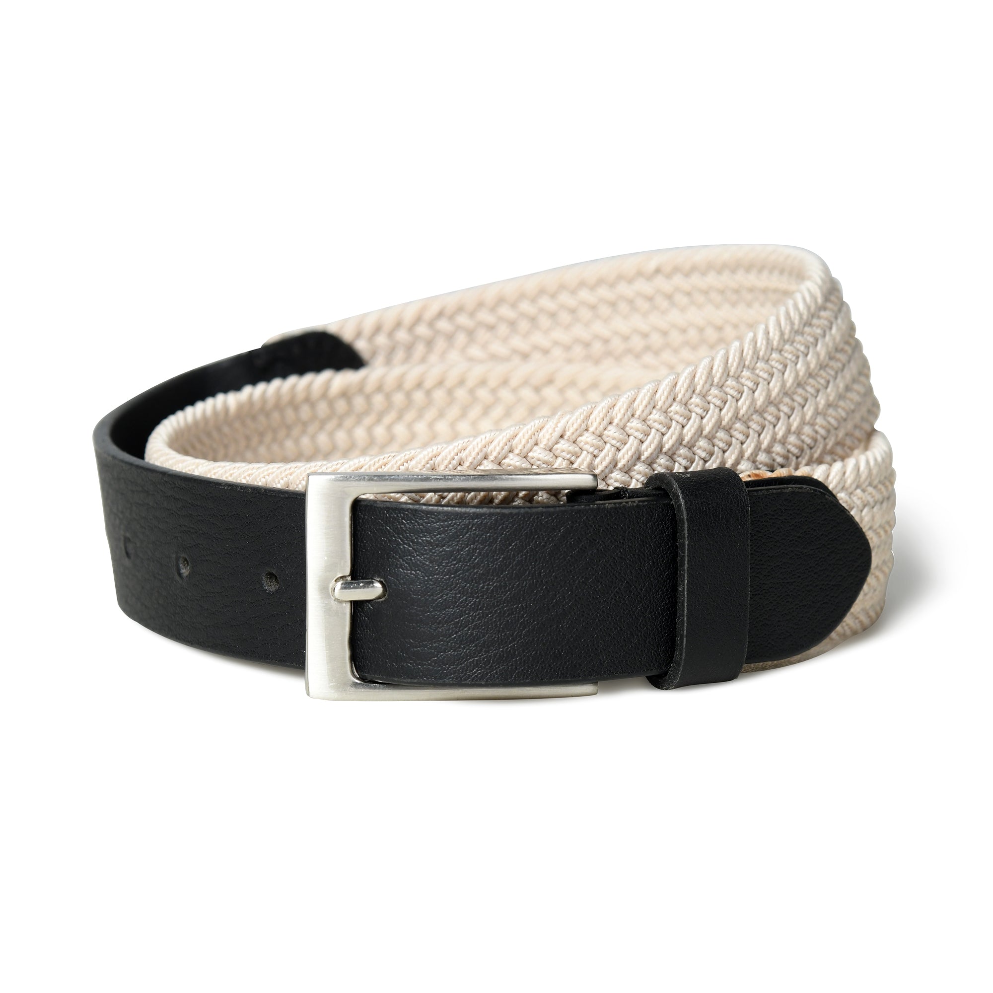 Woven belt with black leather strap and silver buckle on a white background
