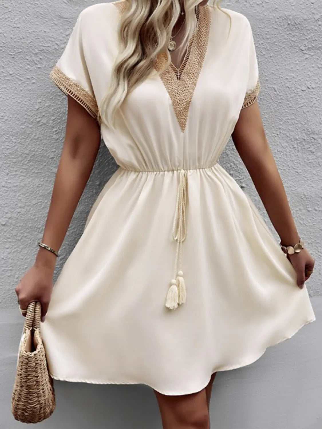 Full Size Tassel V-Neck Short Sleeve Dress