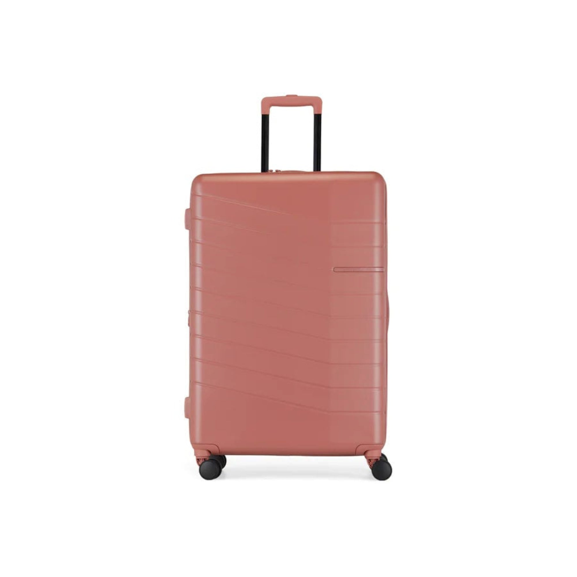 Pink suitcase with wheels on a white background