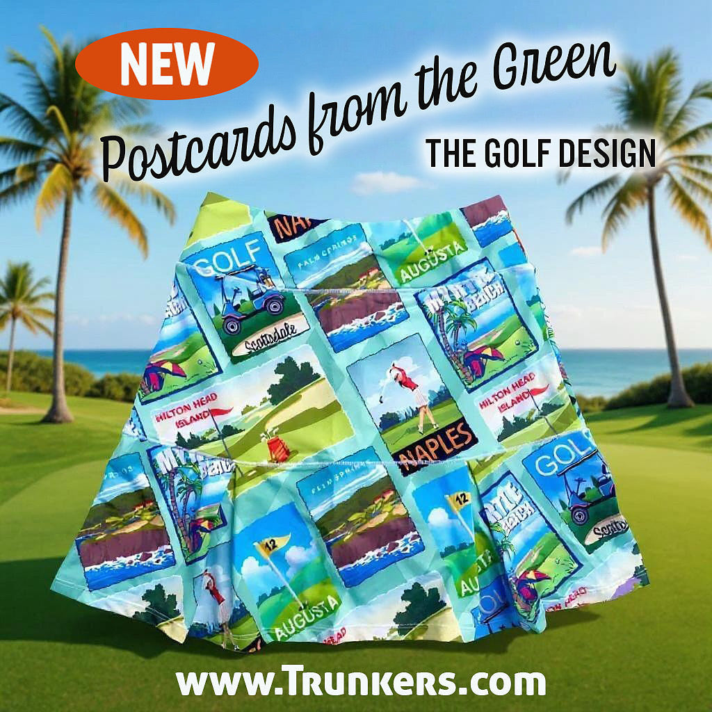 Collection of golf-themed postcards on a green background with palm trees and ocean.