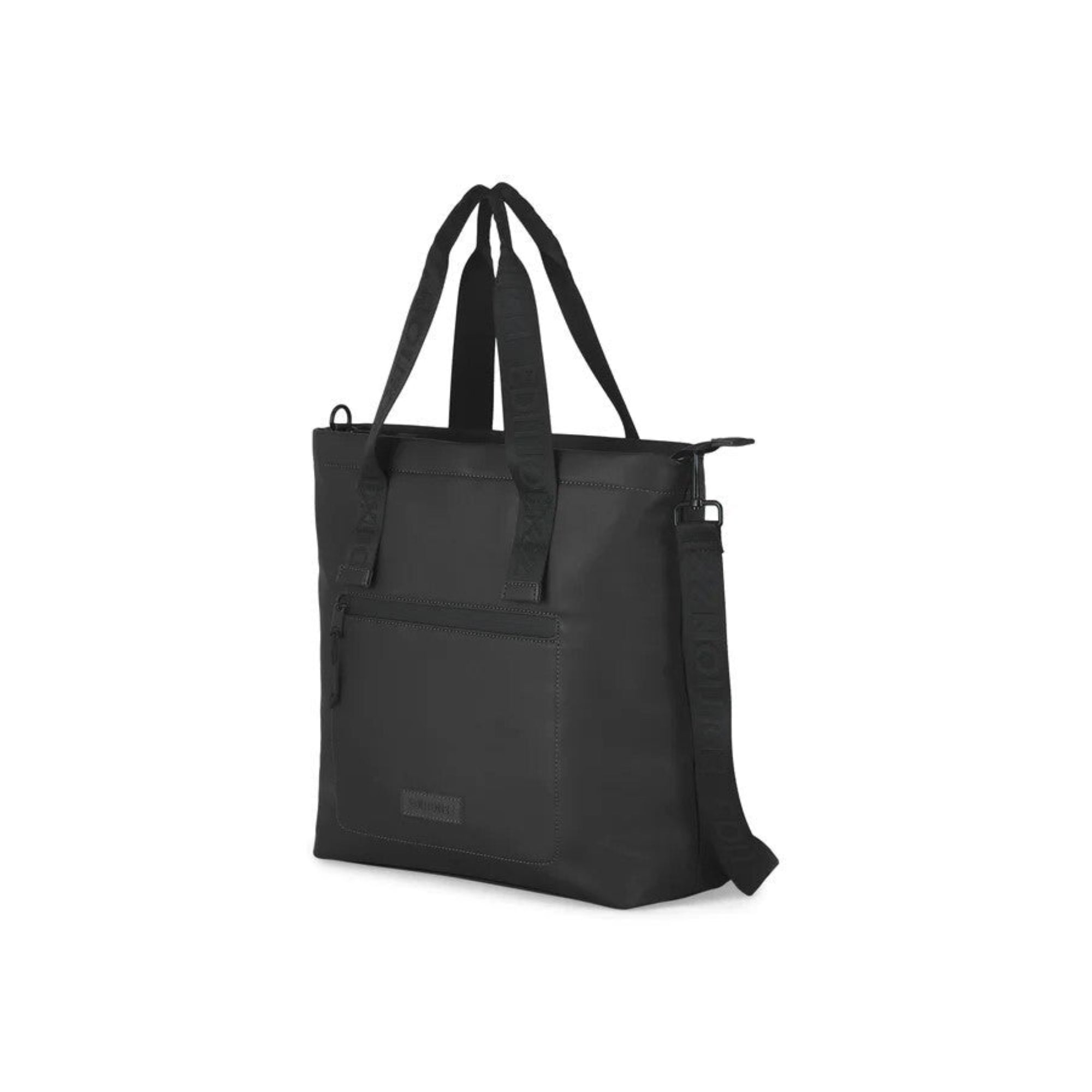 Black tote bag with shoulder strap on a white background