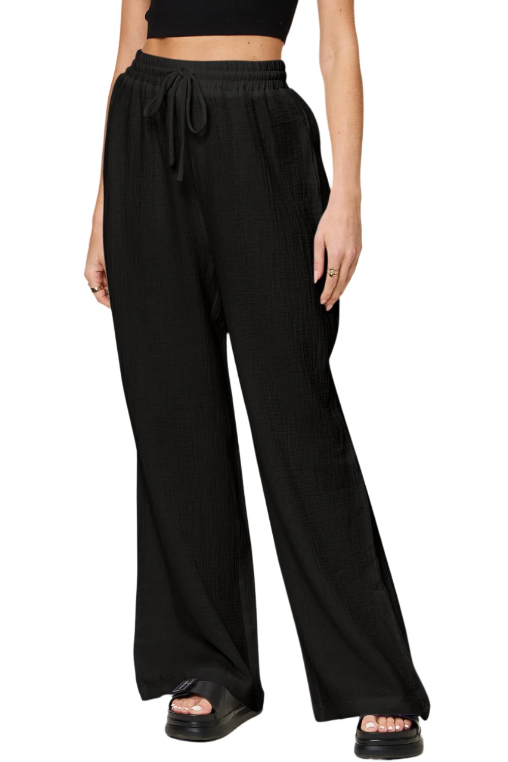 Double Take Full Size Texture Drawstring Wide Leg Pants